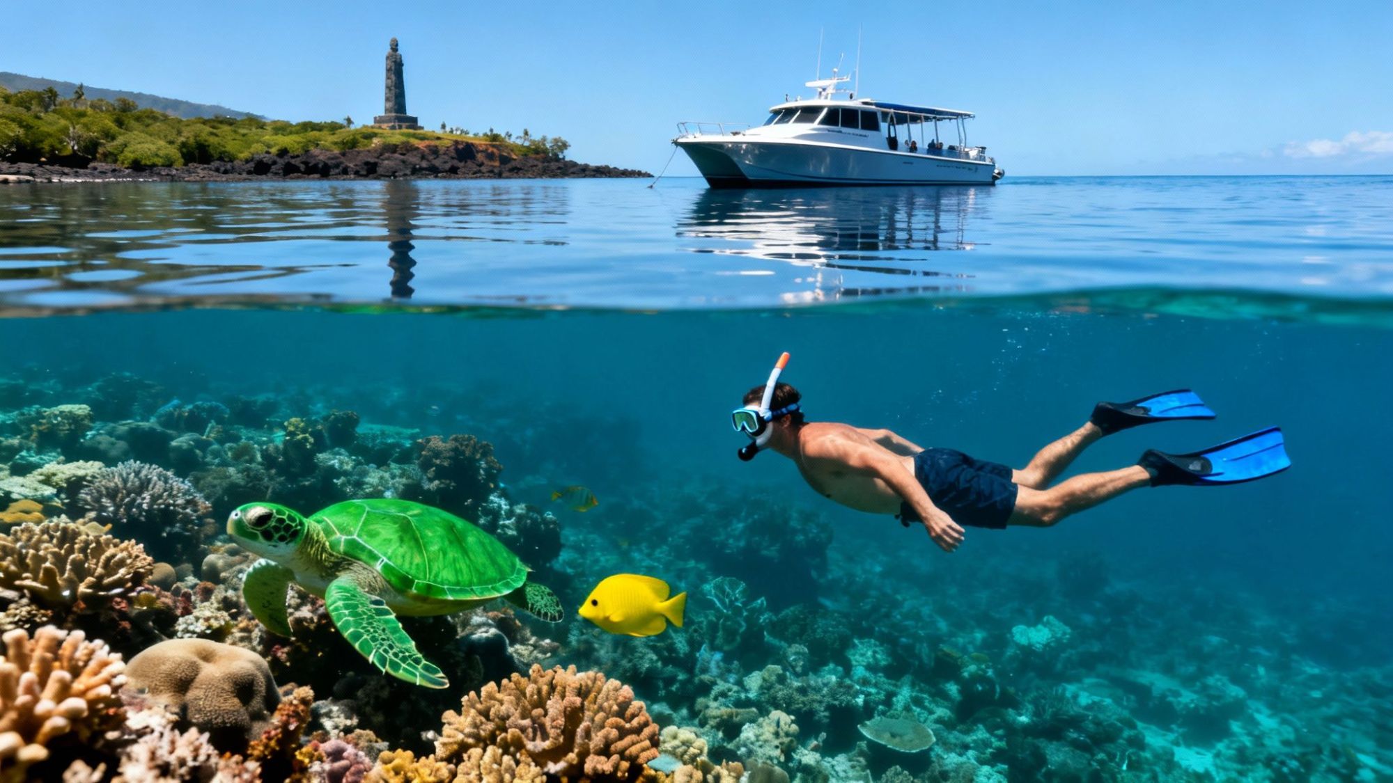Snorkeler underwater near coral reef with turtle, fish, and a boat above.