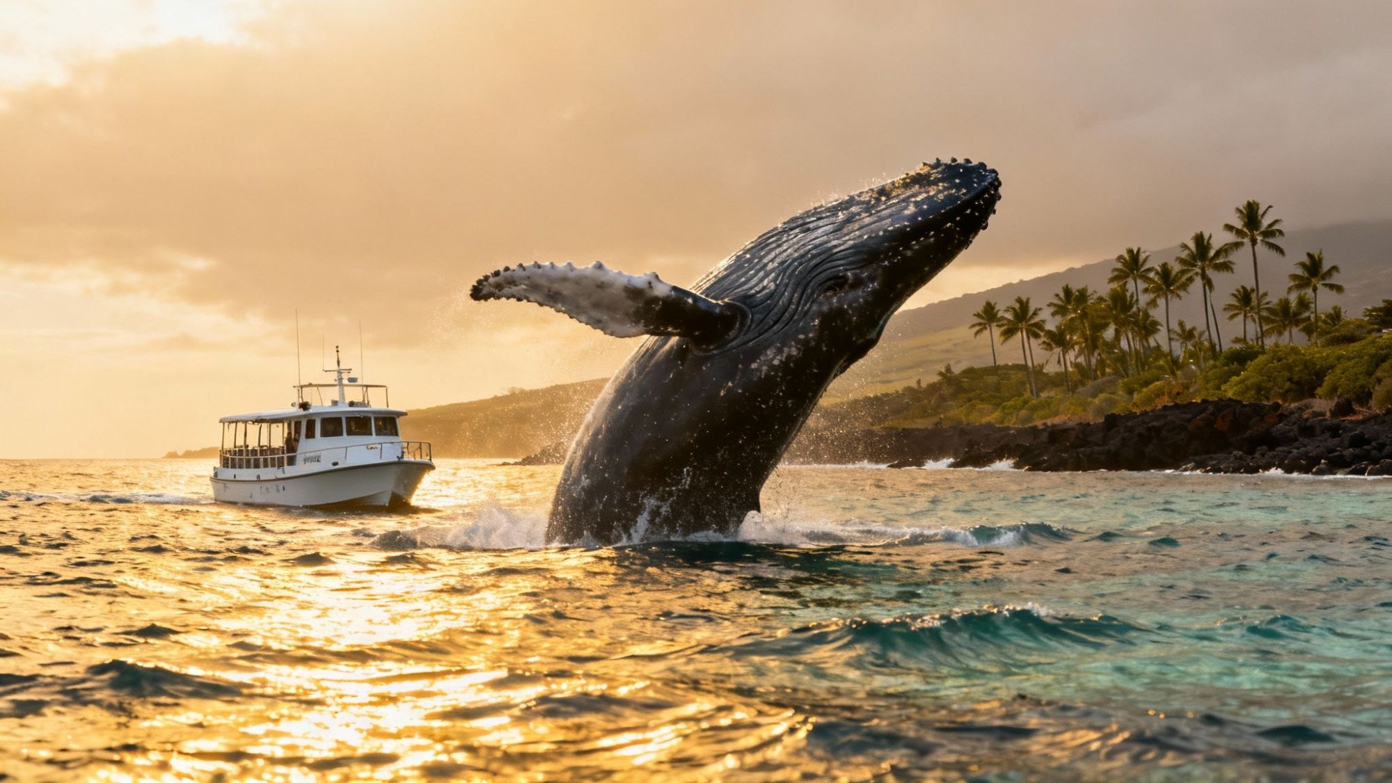 A whale breaching near a boat with a sunset backdrop and palm trees on the shore.
