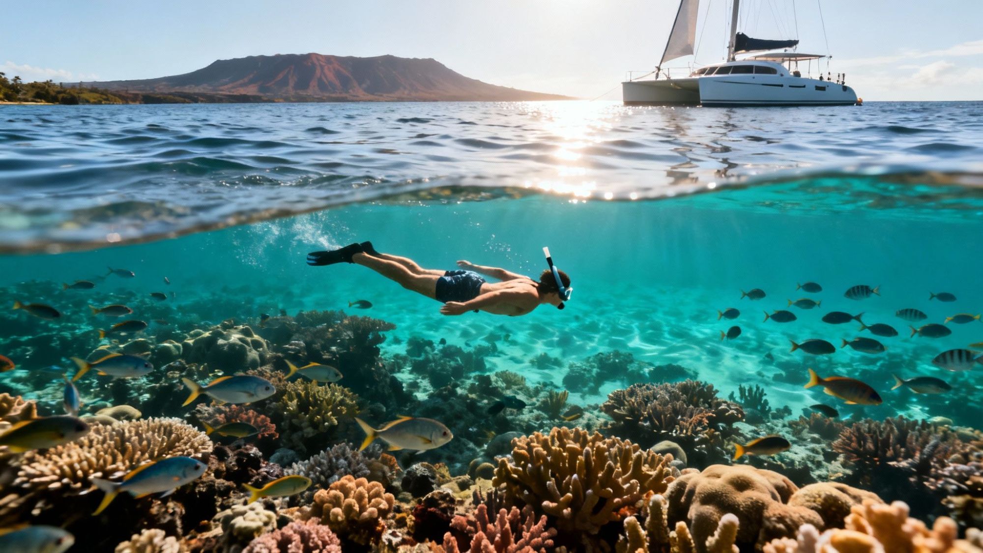 Snorkeler swims over coral reef with yacht and mountain in background.