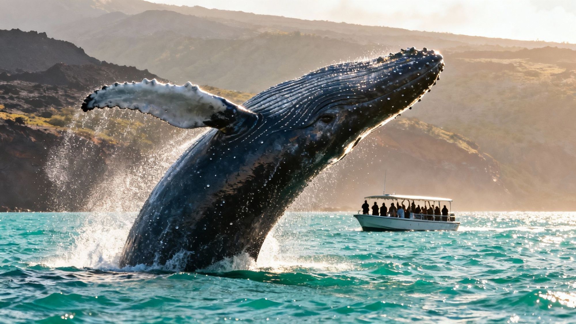 Humpback whale breaching near a boat with passengers in turquoise water.