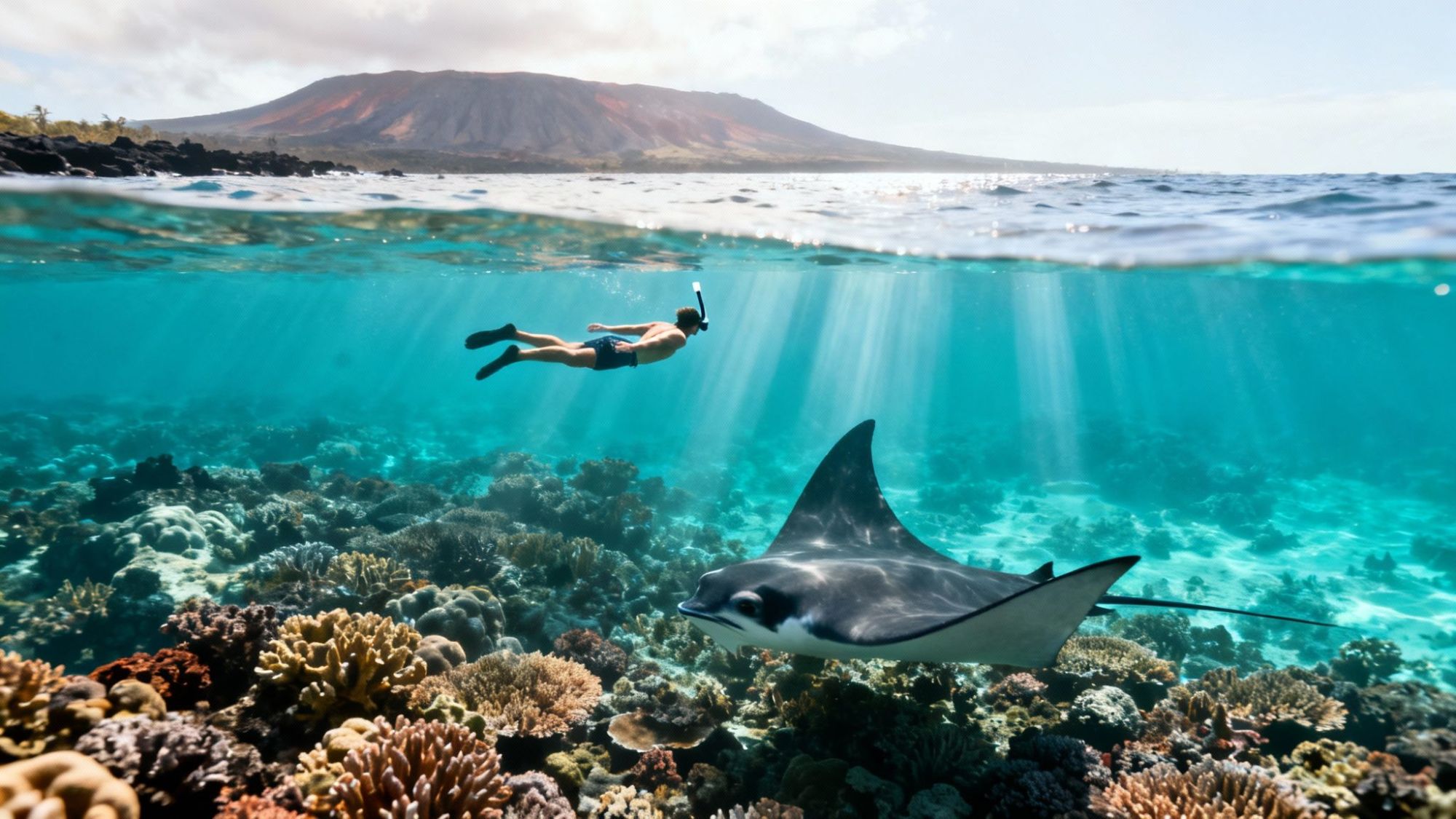 Snorkeler above a manta ray over coral reef with mountain in background.