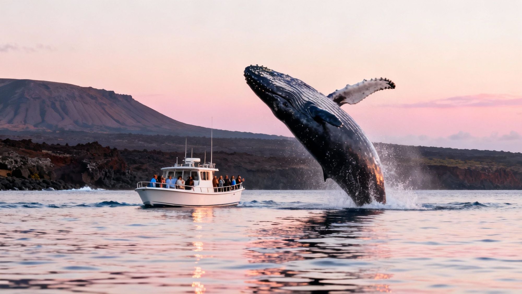 Whale breaching near boat with people, sunset and mountains in background.
