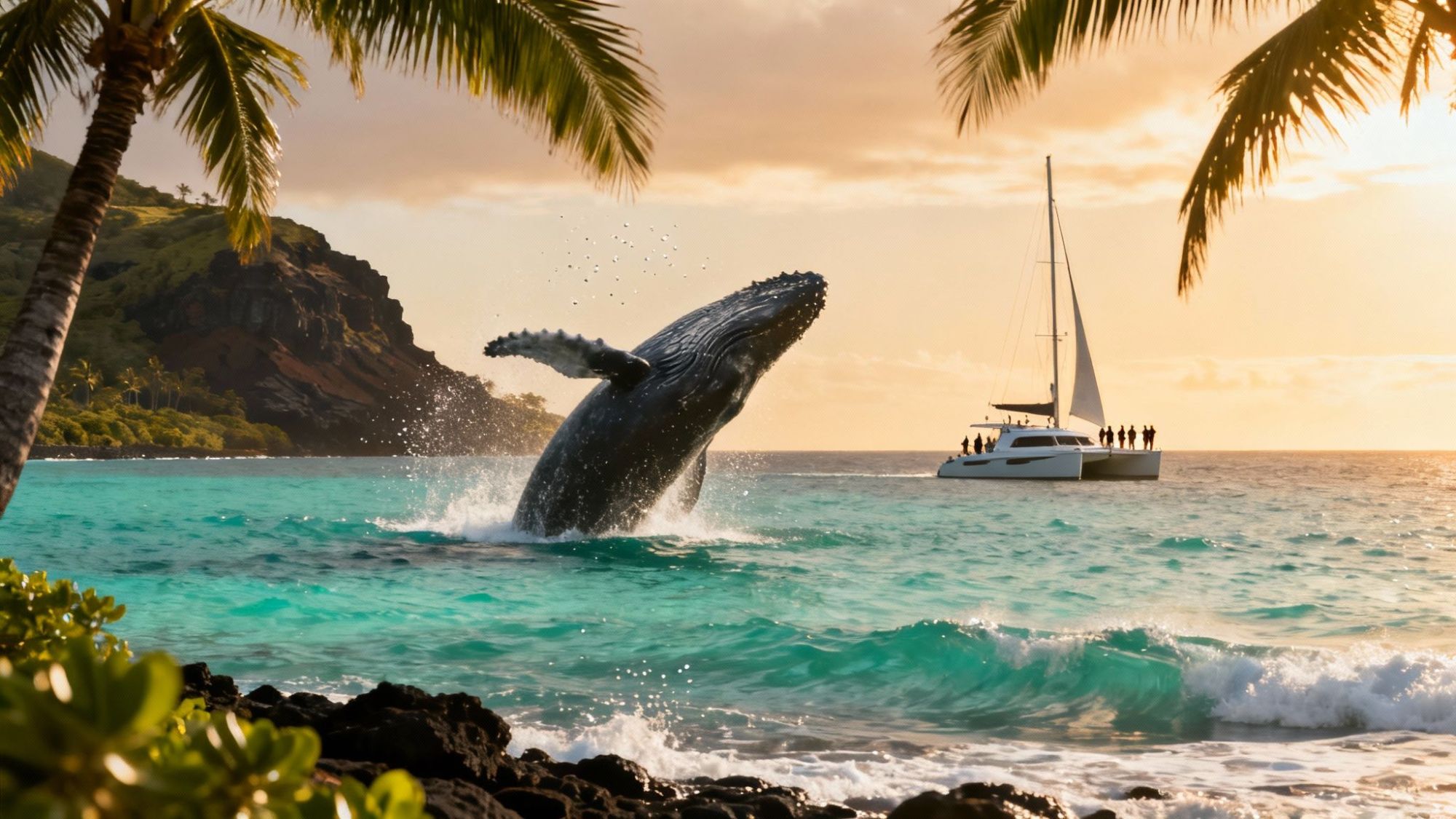 Whale breaching near a sailboat at sunset, framed by a tropical landscape.