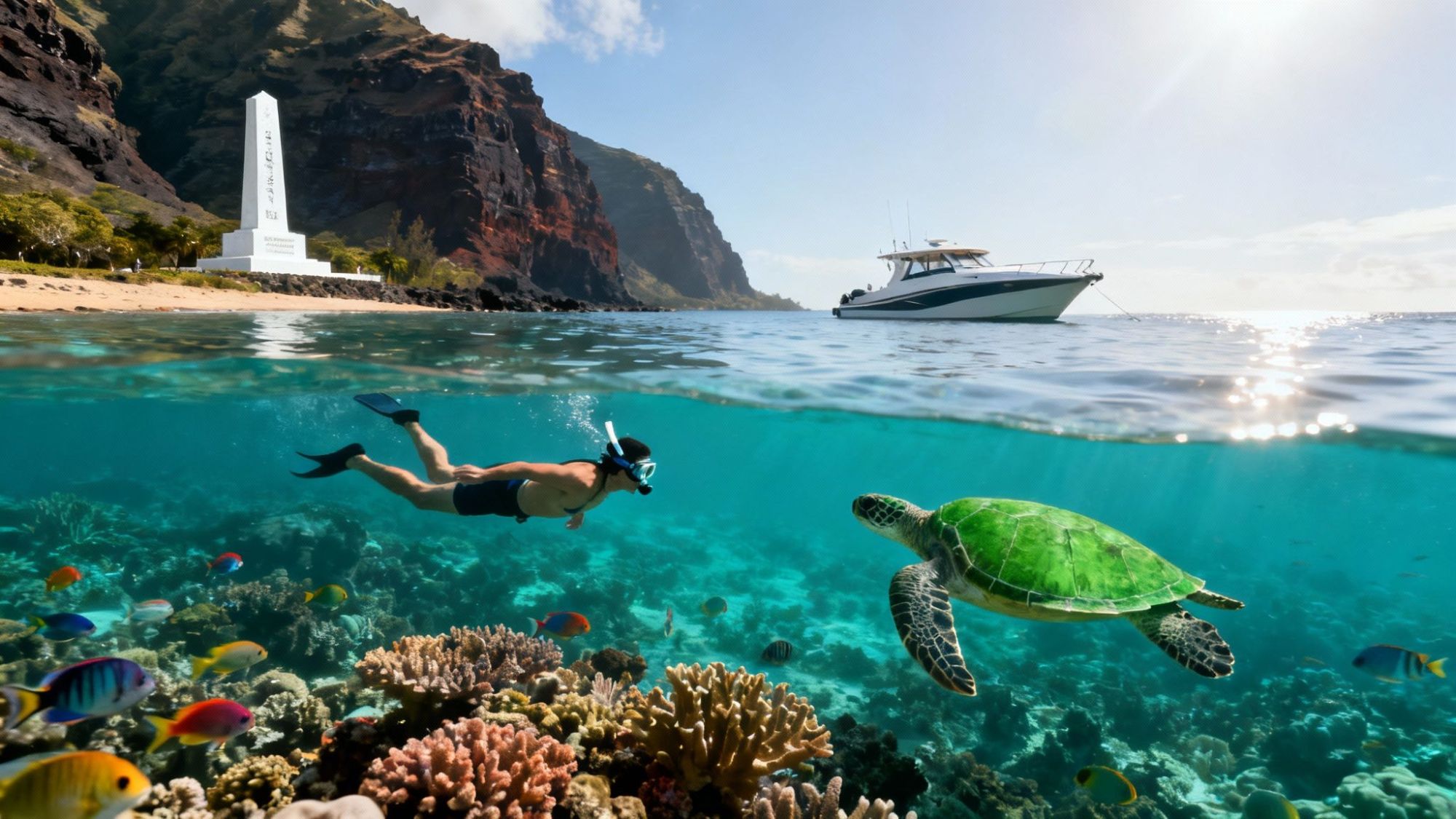 Snorkeler and sea turtle underwater near coral; boat and monument visible above water.