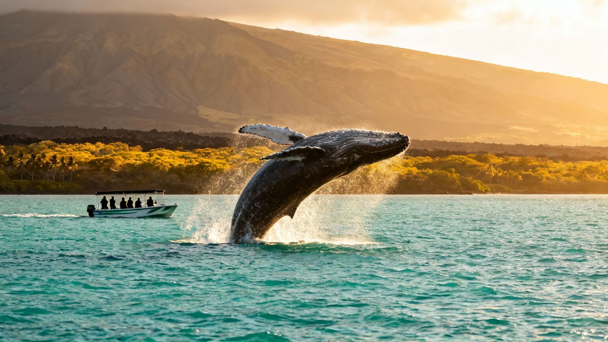 Whale breaching near boat with passengers, mountains in the background during sunset.
