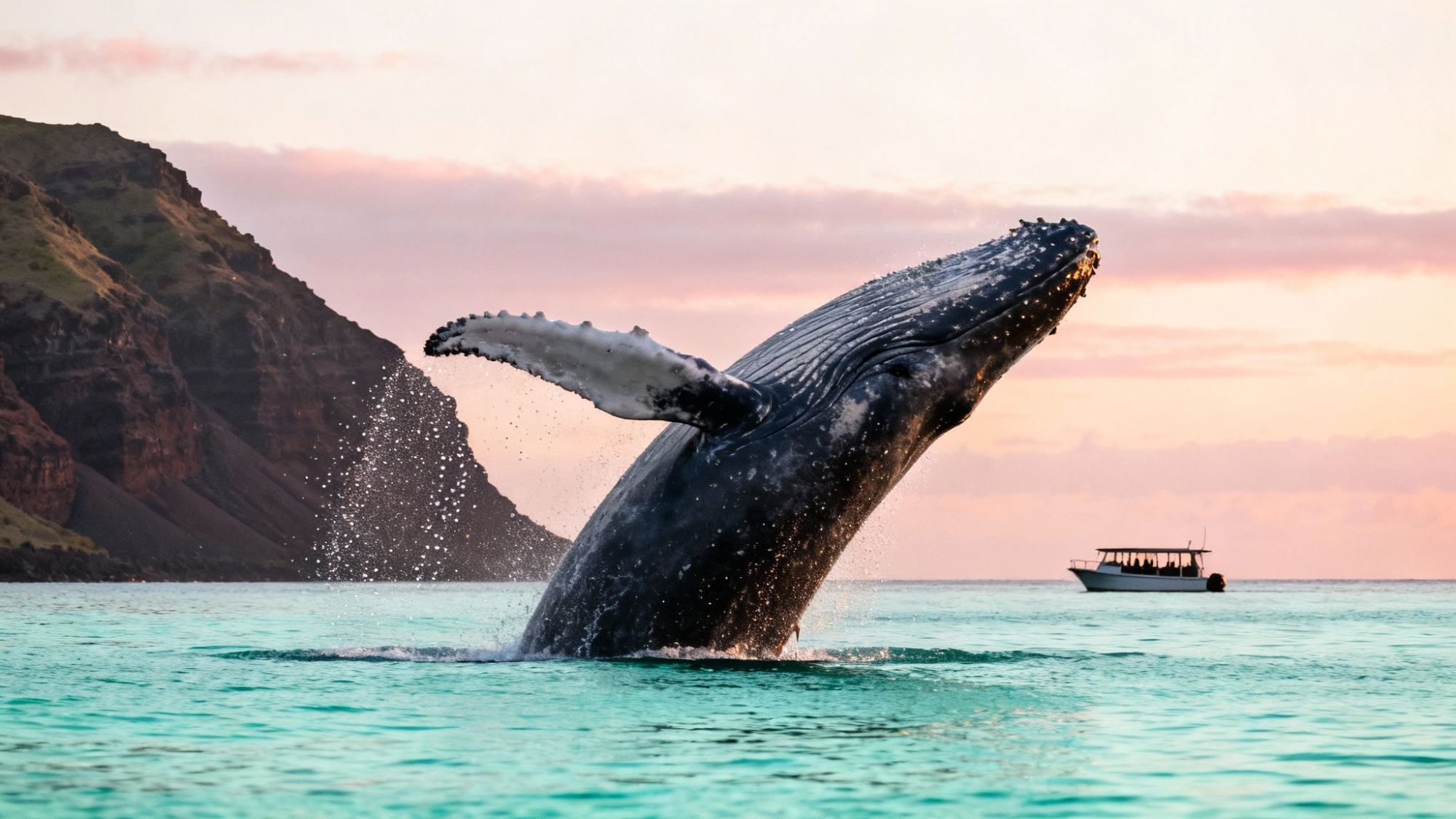 A whale breaching water near a boat at sunset, with cliffs in the background.