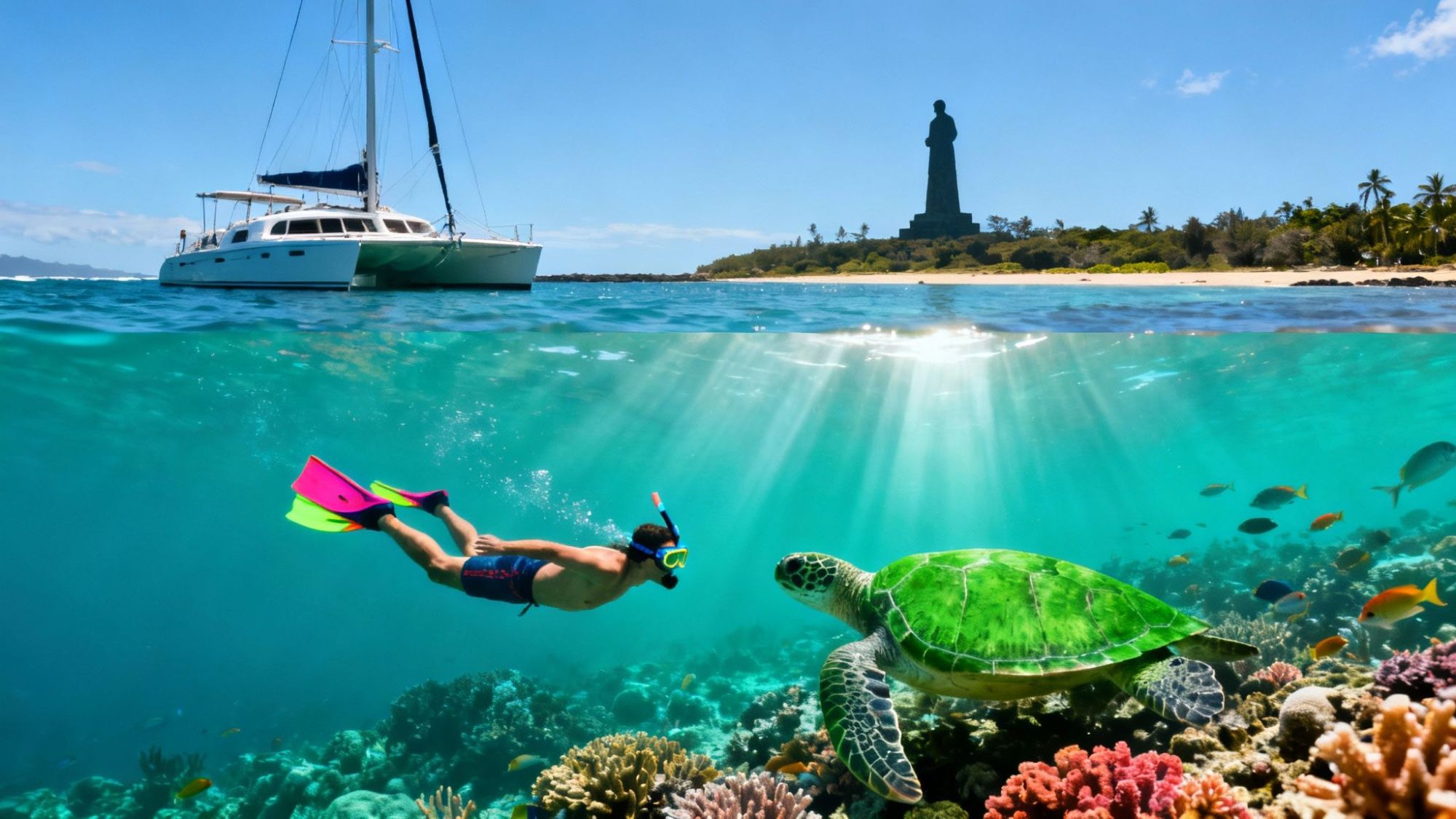 Snorkeler and turtle underwater, catamaran on ocean surface, island with statue in background.