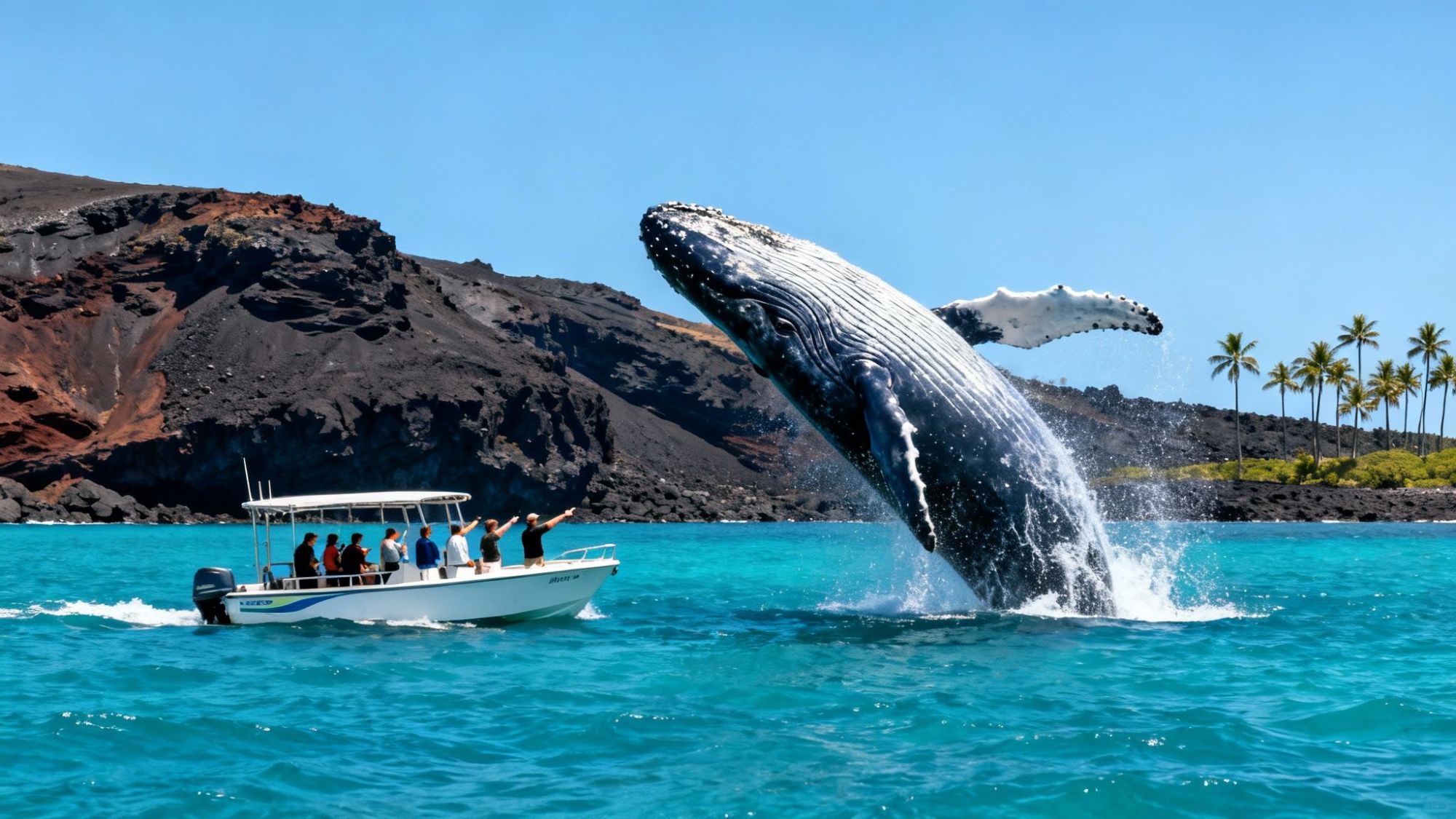 Whale breaching near a tour boat on blue water with rocky and palm tree shoreline.