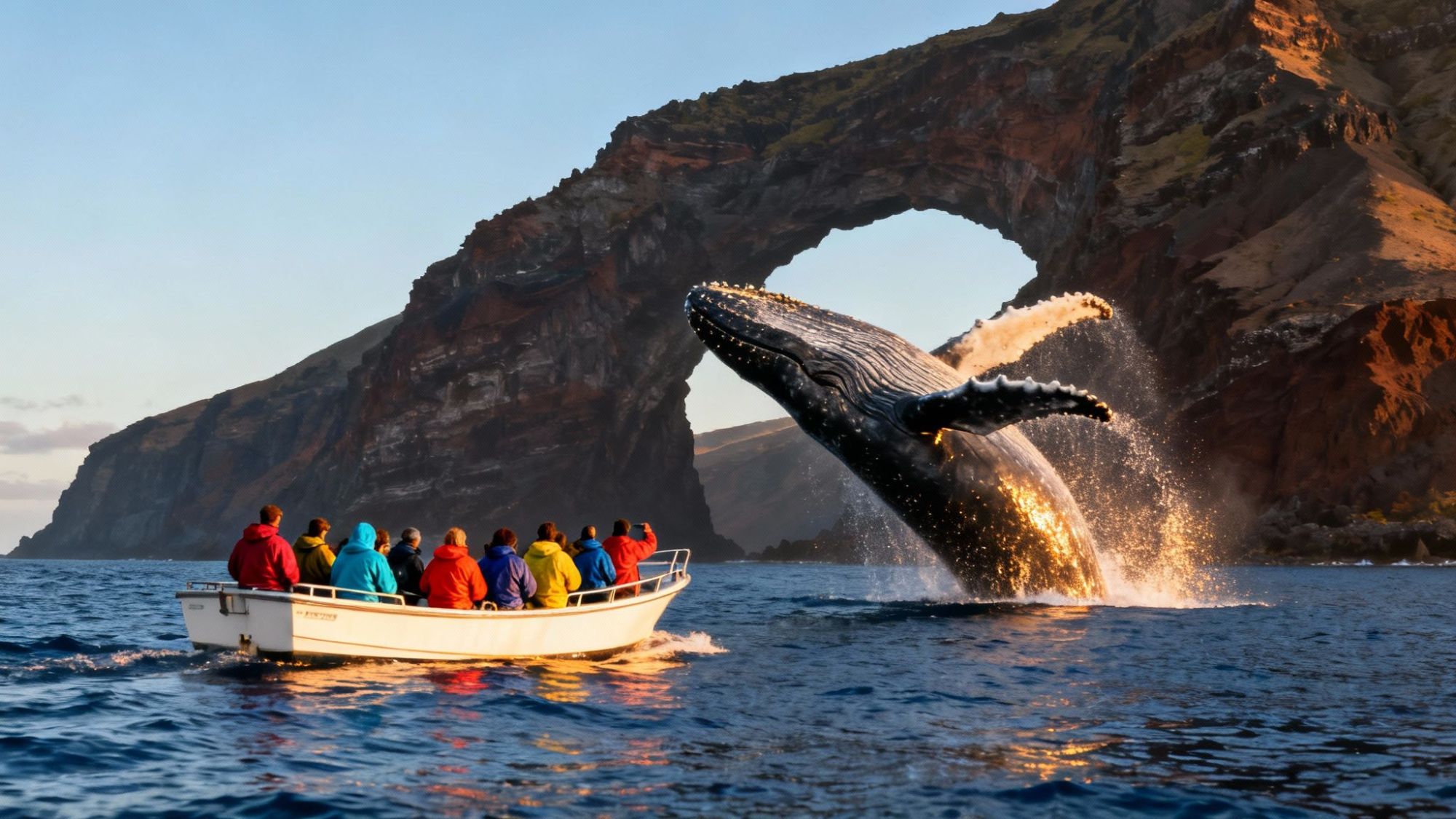 Whale breaching near boat with people, arch-shaped rock formation in background.