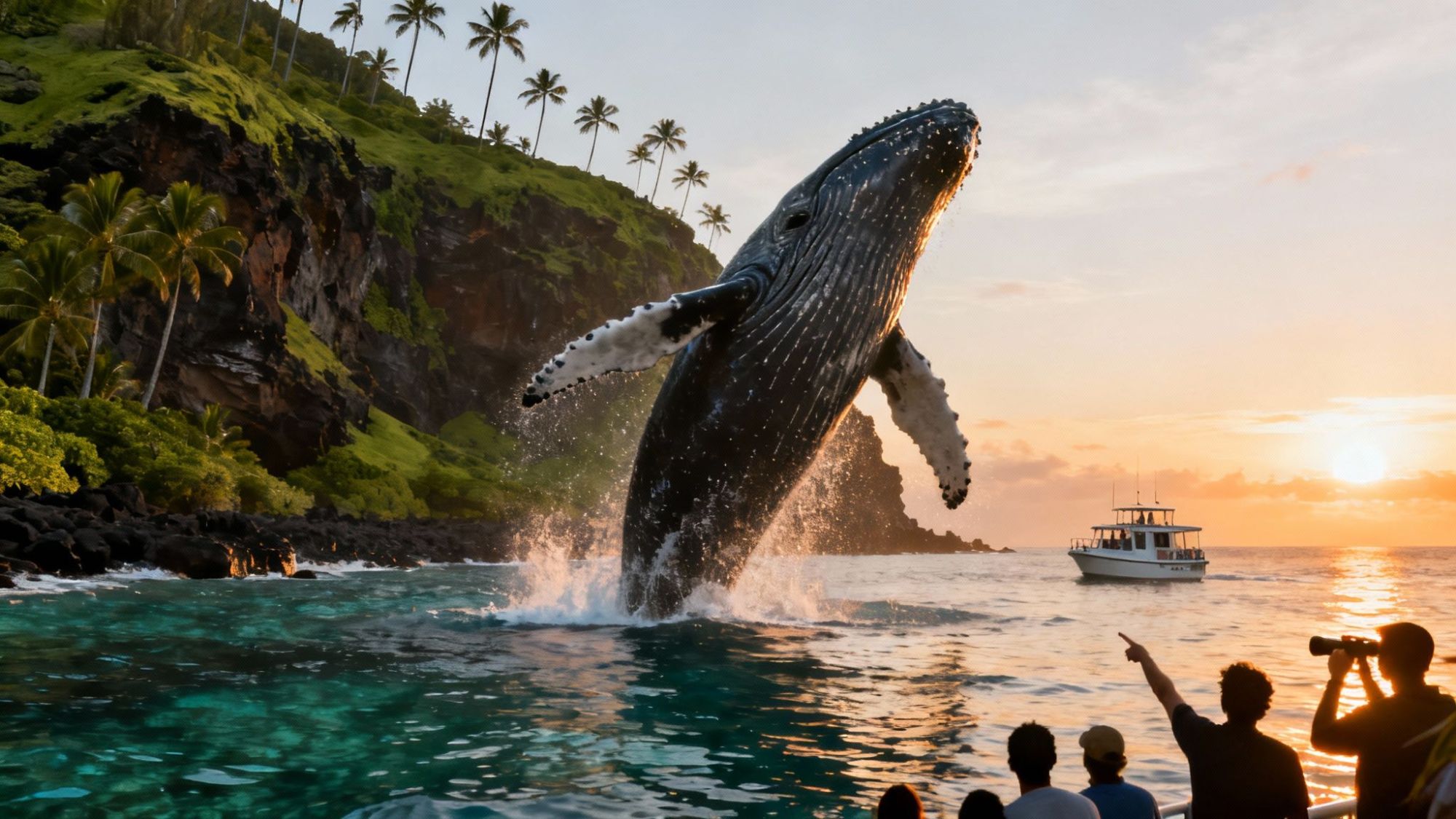 Whale breaching near boat, silhouettes of people watching, sunset backdrop.