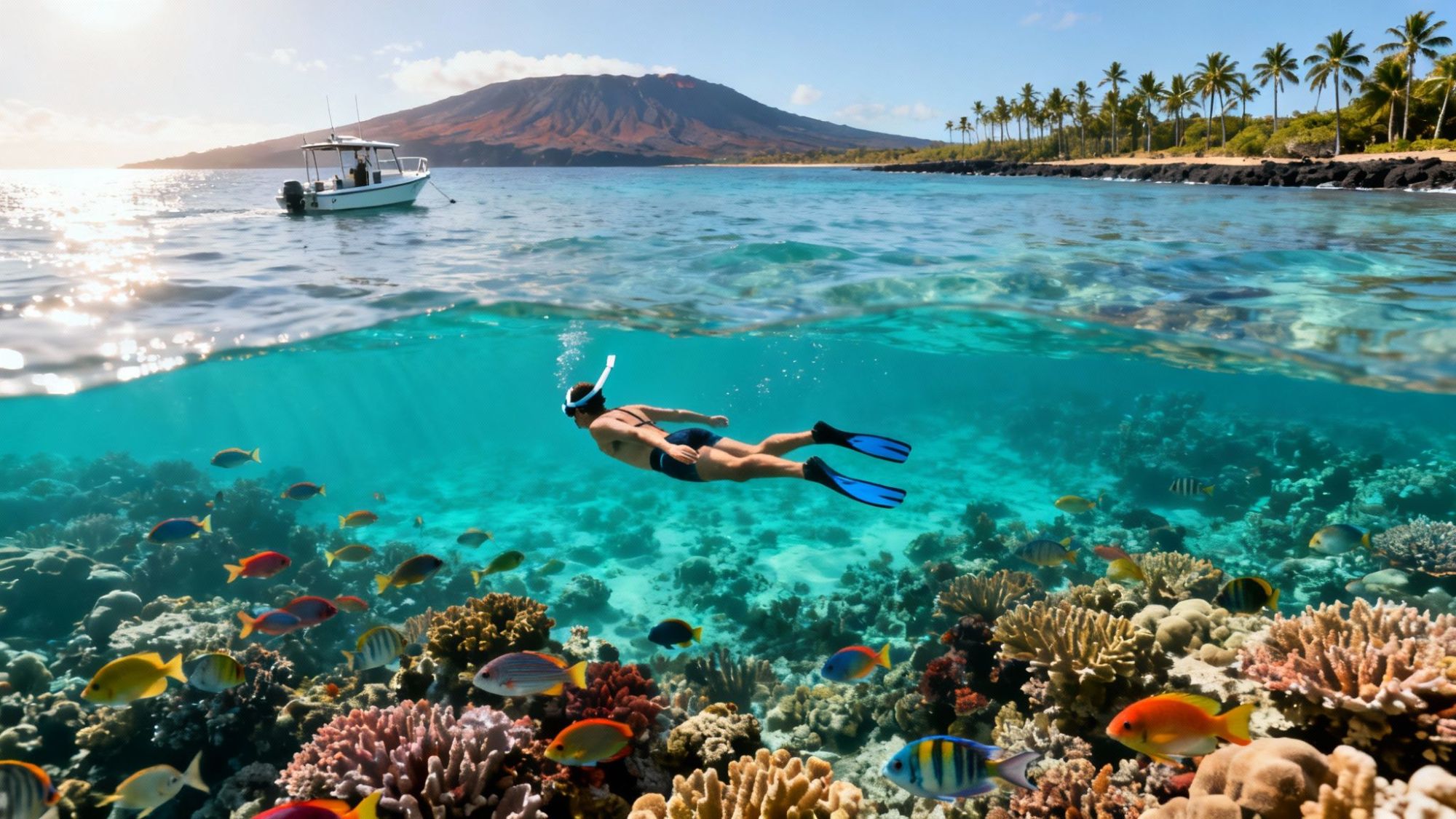 Snorkeler swimming over coral reef with fish, boat in the ocean, and mountain in the background.