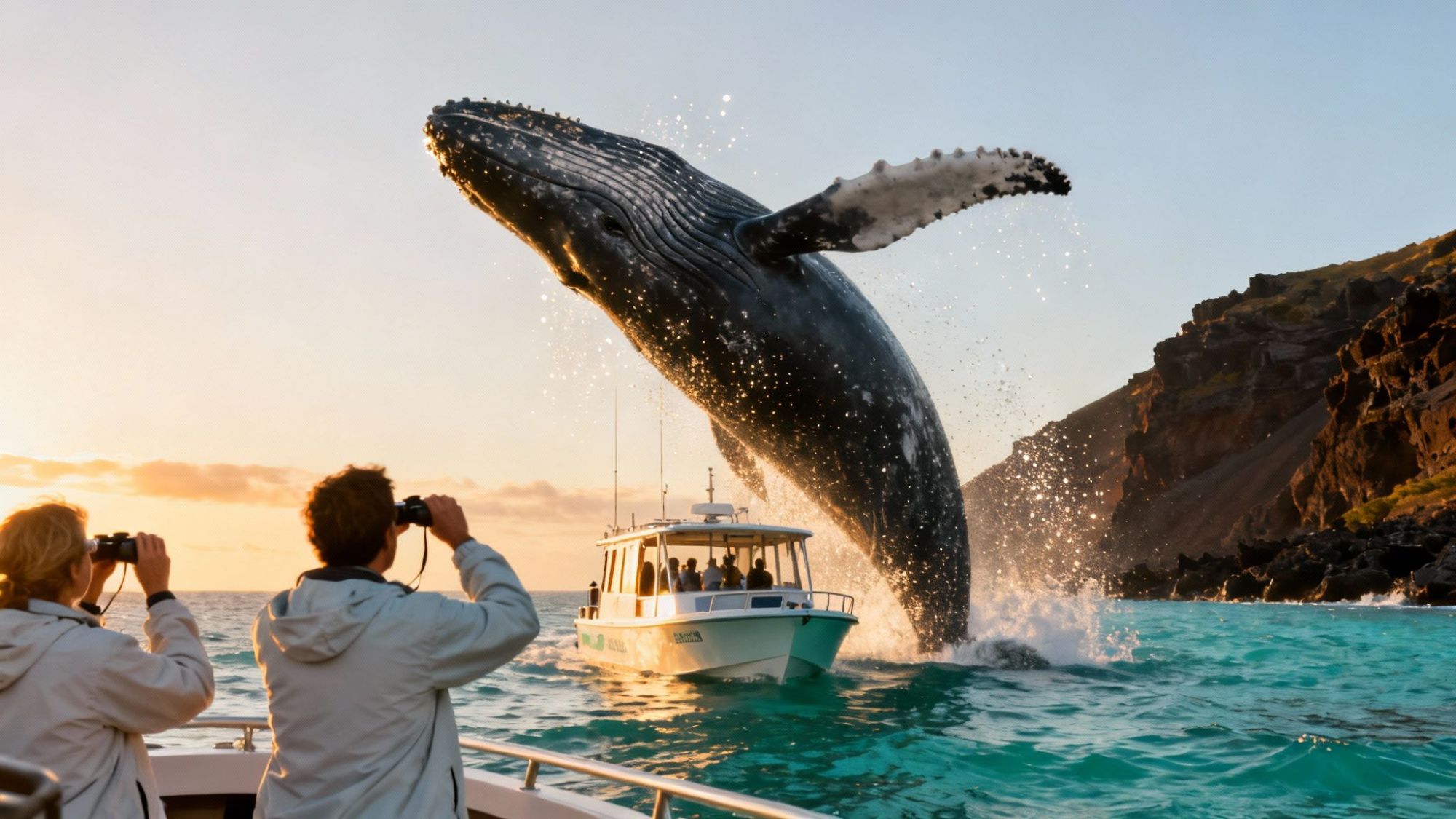 A whale breaching near a boat with people photographing it, set against a coastal landscape at sunset.