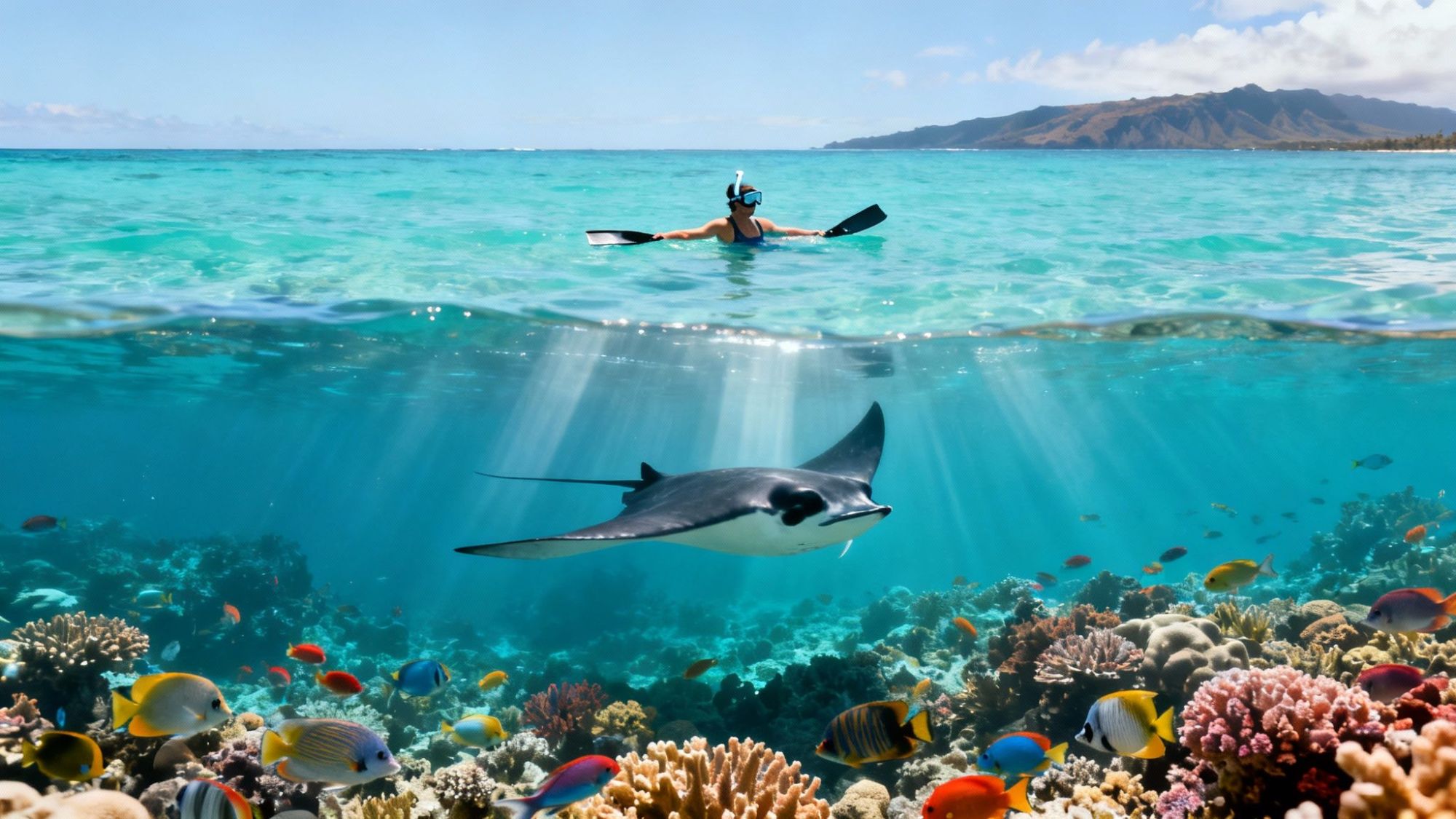 Snorkeler in clear water over a vibrant coral reef with a manta ray and colorful fish.