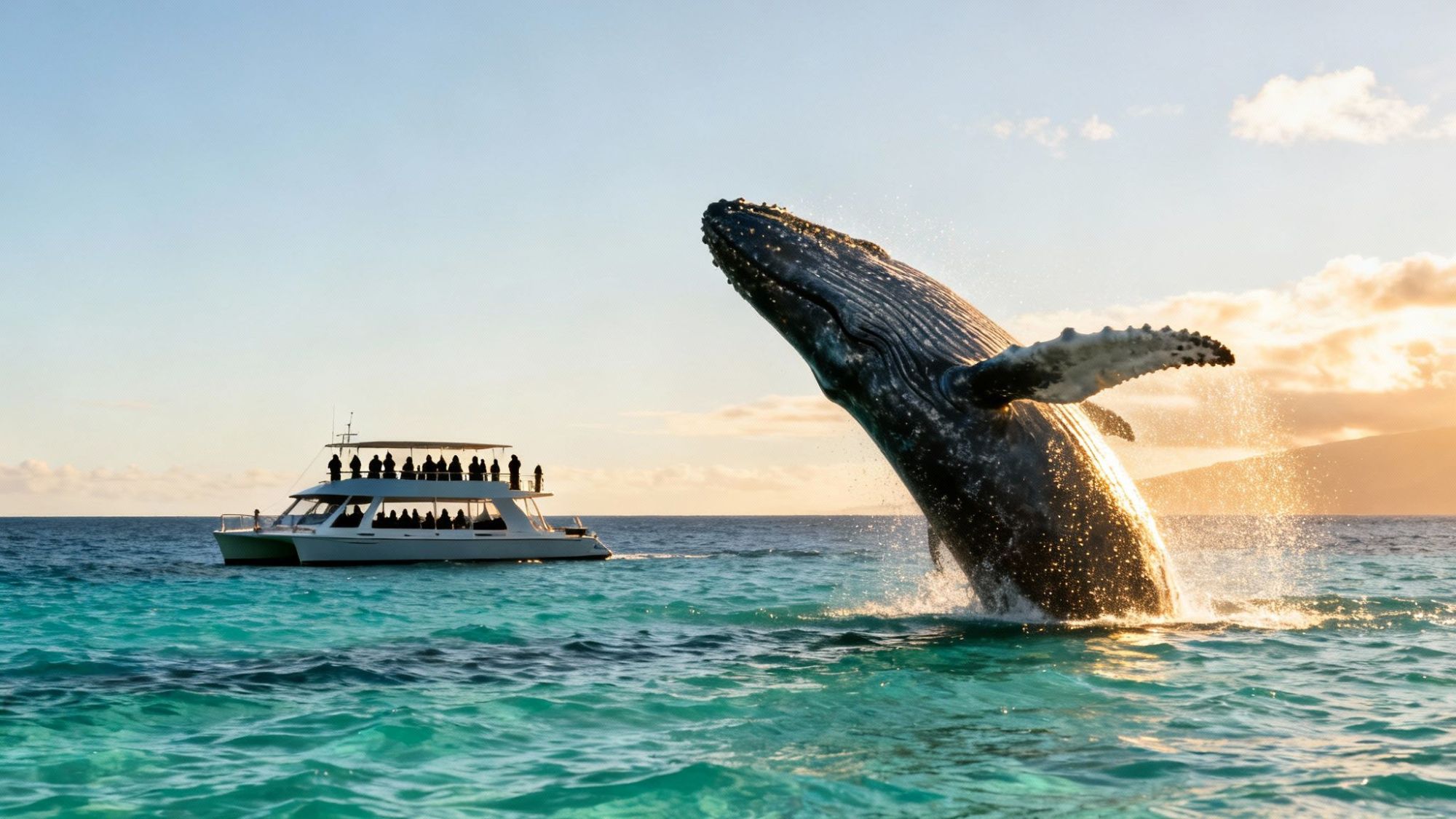 A humpback whale breaches near a boat with people watching, under a clear sky.