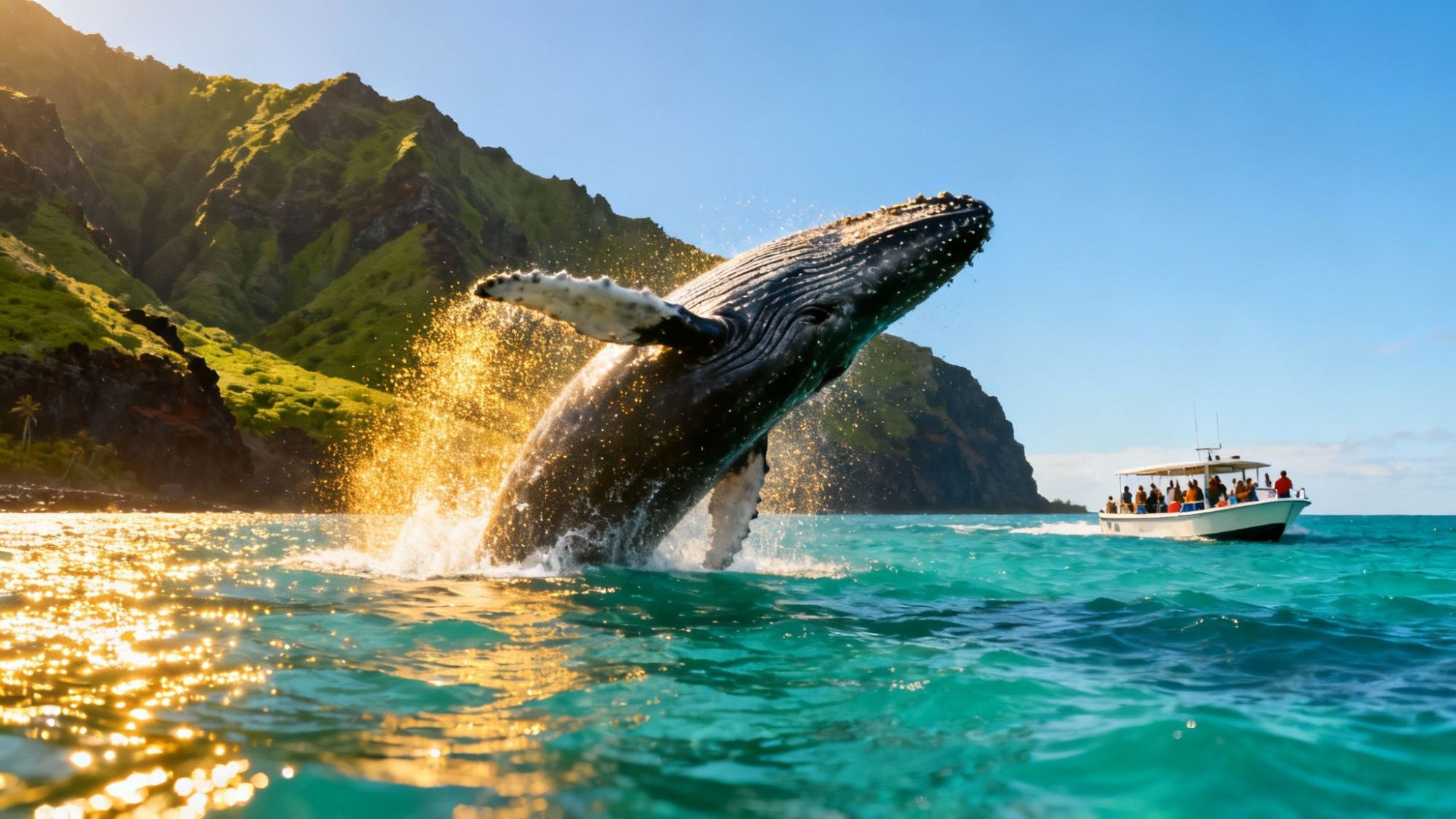 Whale breaching near a tour boat with green cliffs in the background and clear blue water.