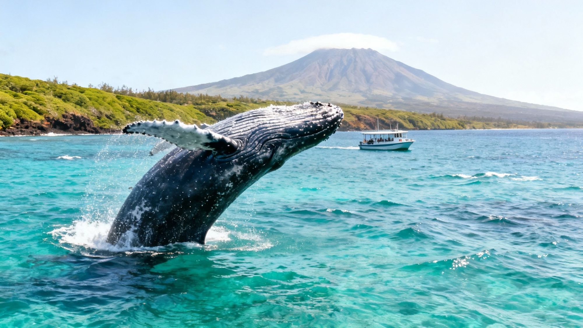 Humpback whale breaching near a boat with a mountain in the background.