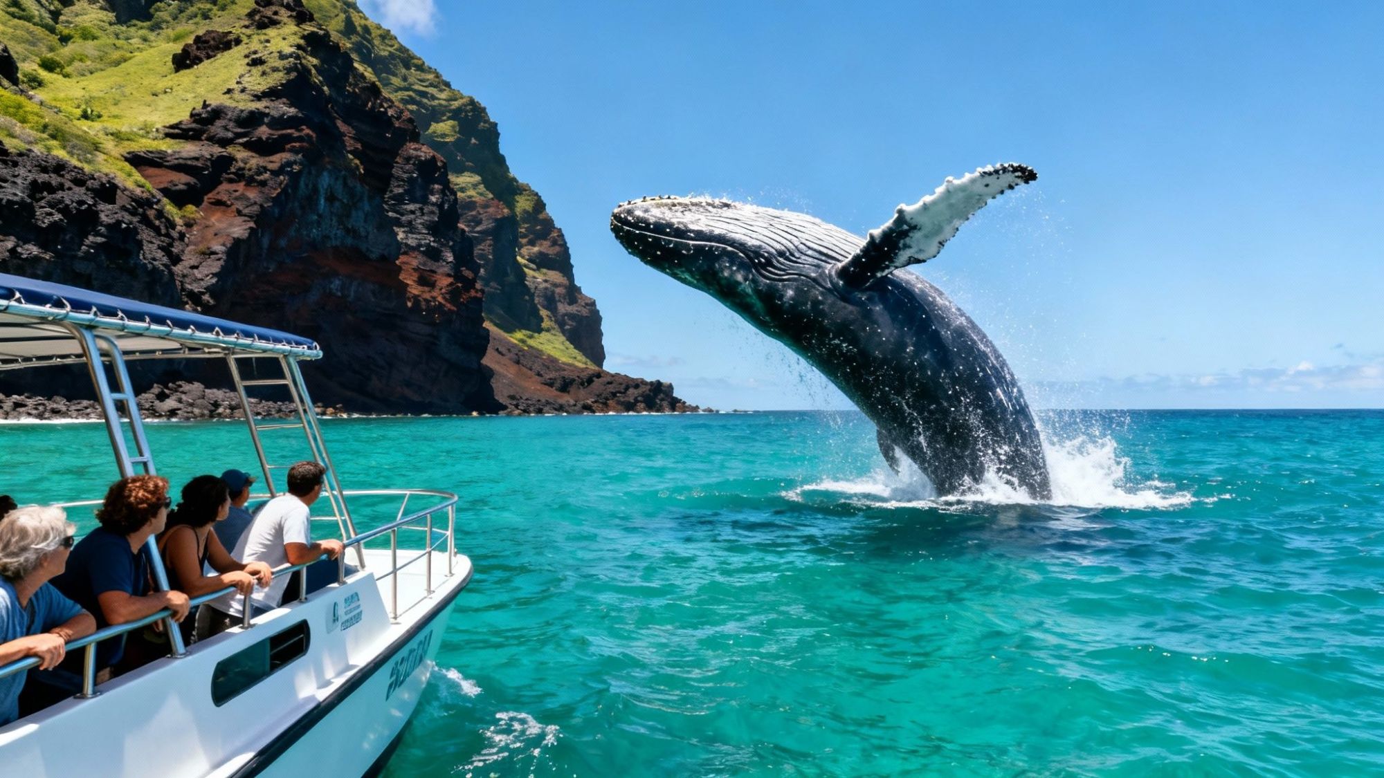 Whale breaching near boat with people, ocean and rocky coastline under clear blue sky.