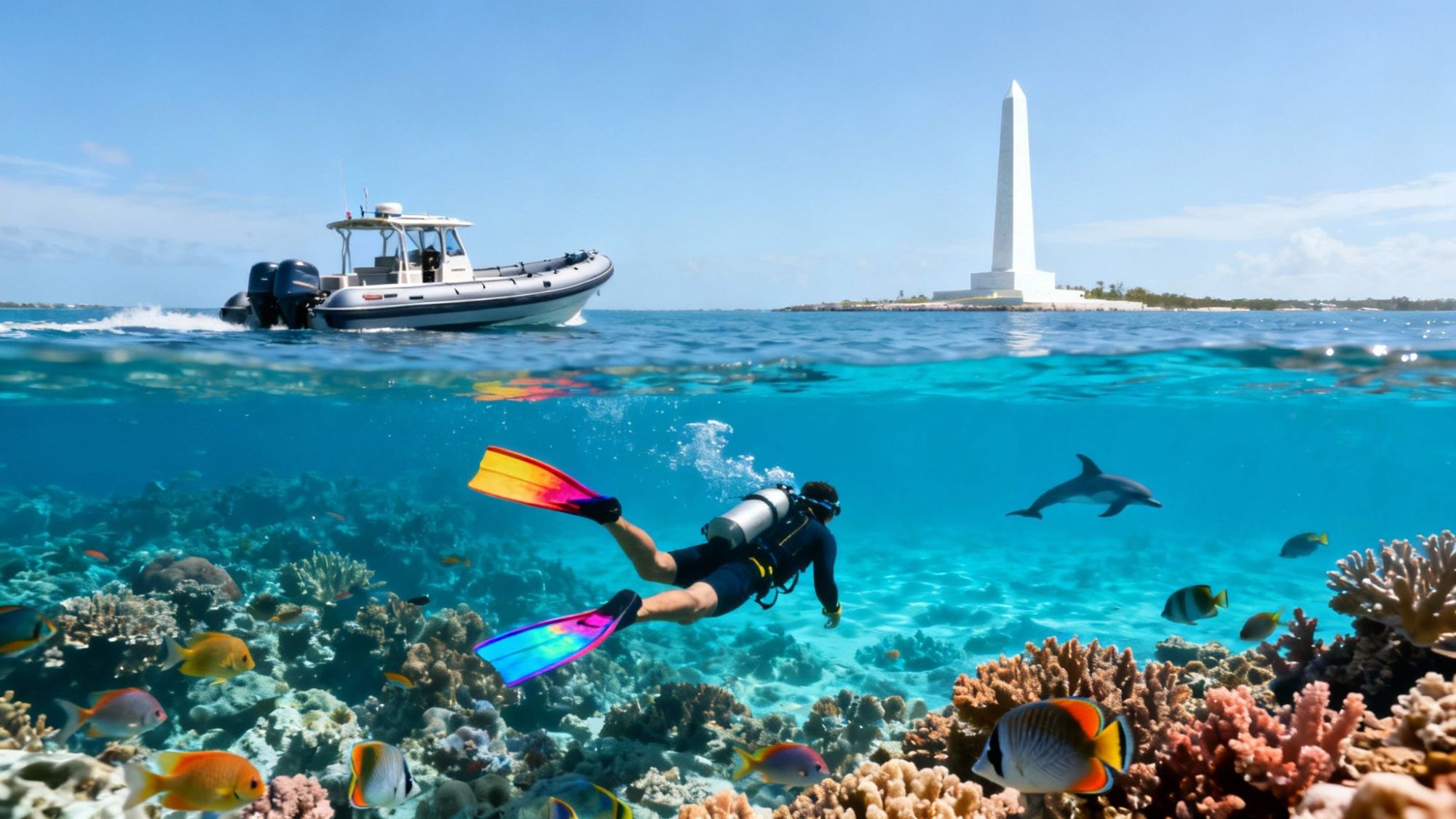 Underwater view: diver swimming near coral and fish, boat and obelisk above water.