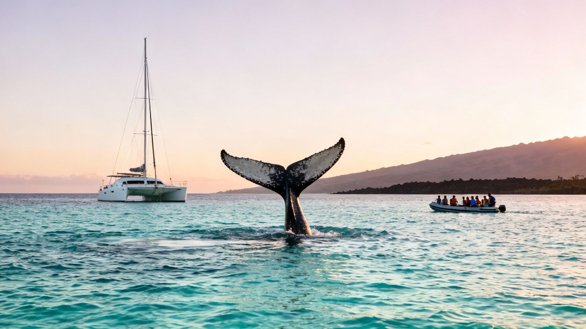 A whale's tail above water near a sailboat and dinghy at sunset.