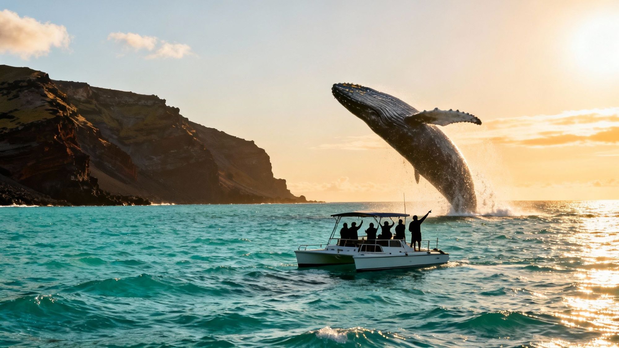 Whale breaching near a boat with people, against a sunset and cliff backdrop.