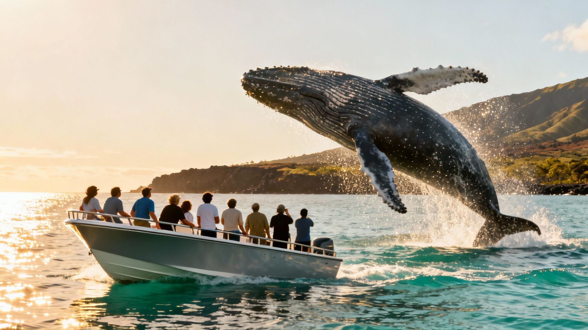 People on boat watching a humpback whale breaching in the ocean near a coastline.
