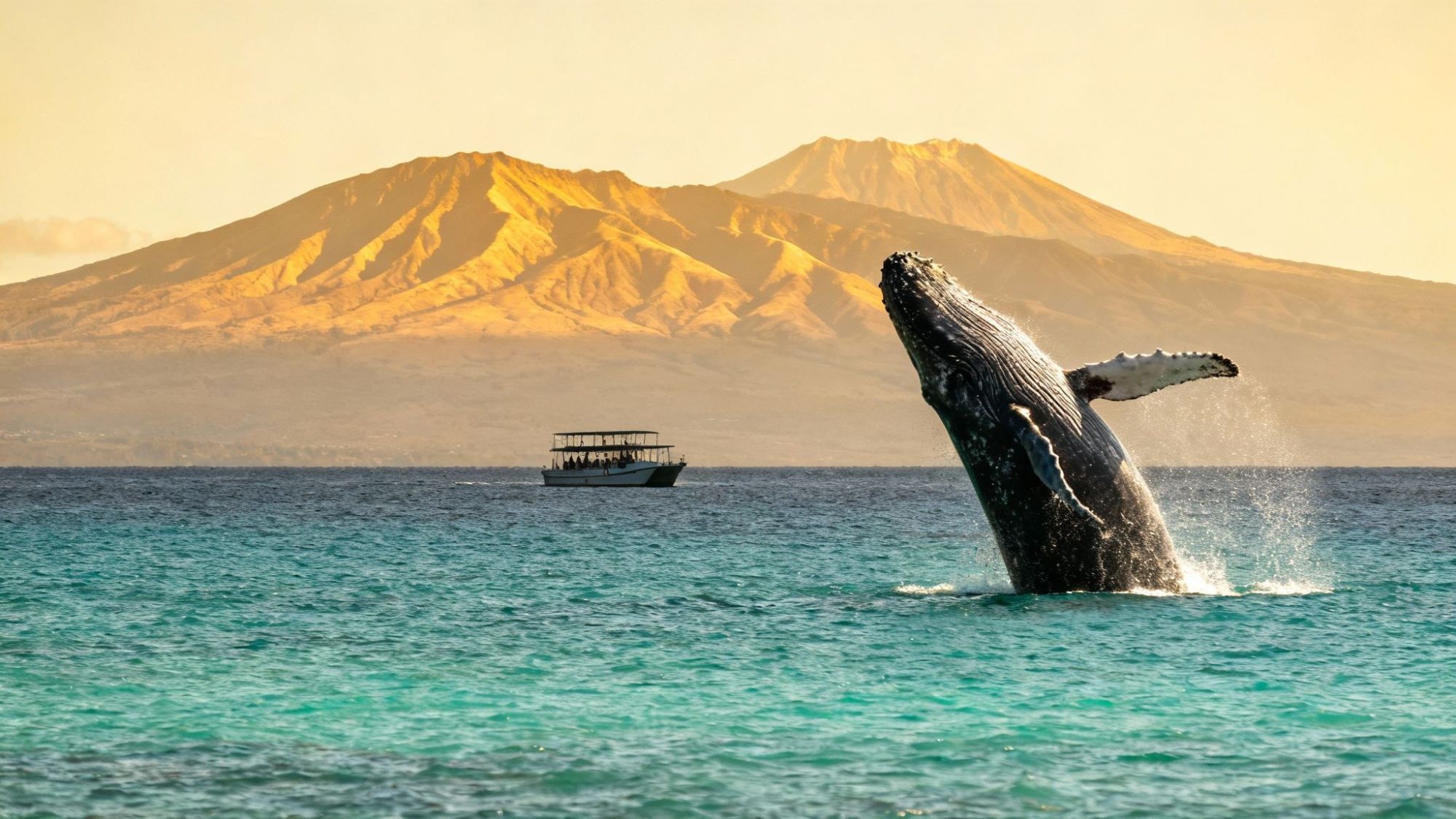 Whale breaching near a boat with mountains in the background.