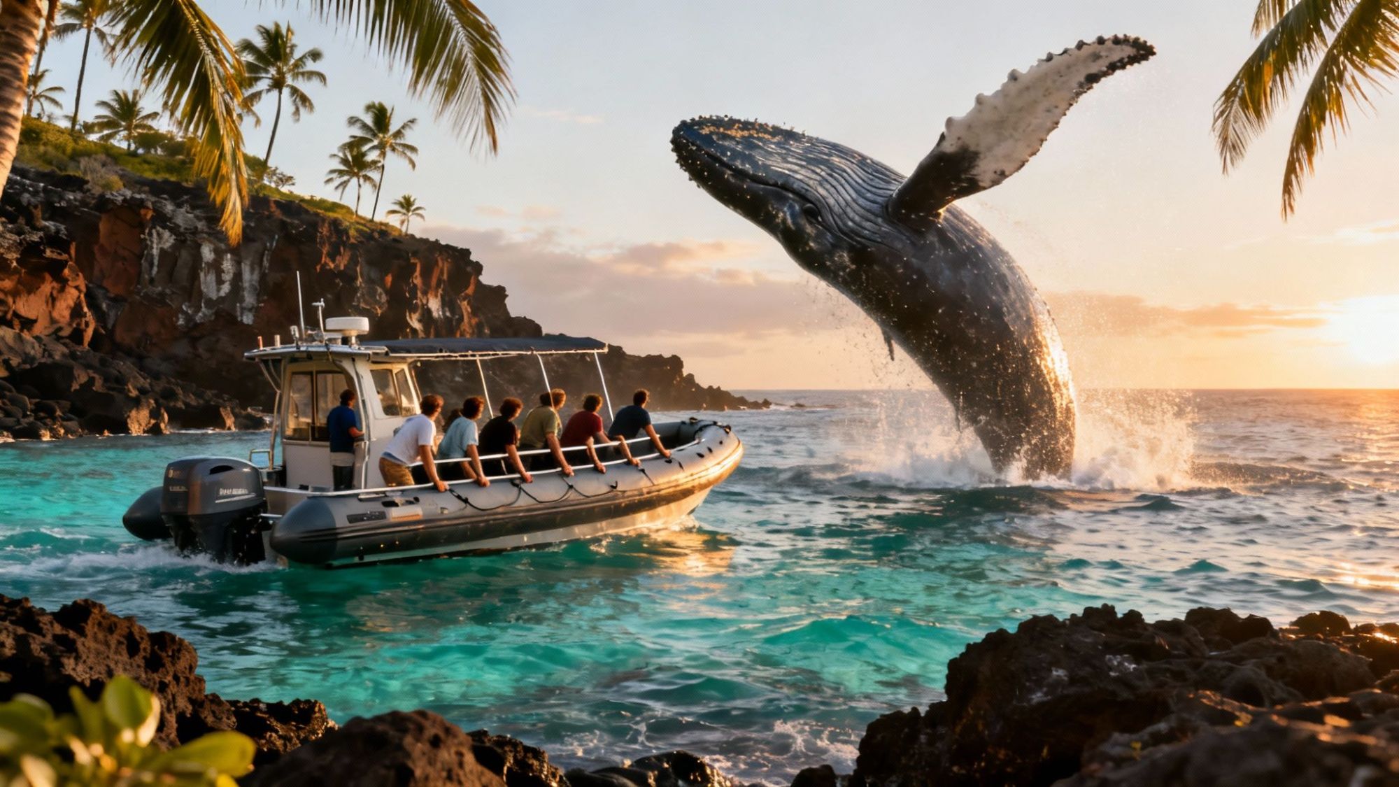 Boat with people watching a whale breaching in tropical waters at sunset.