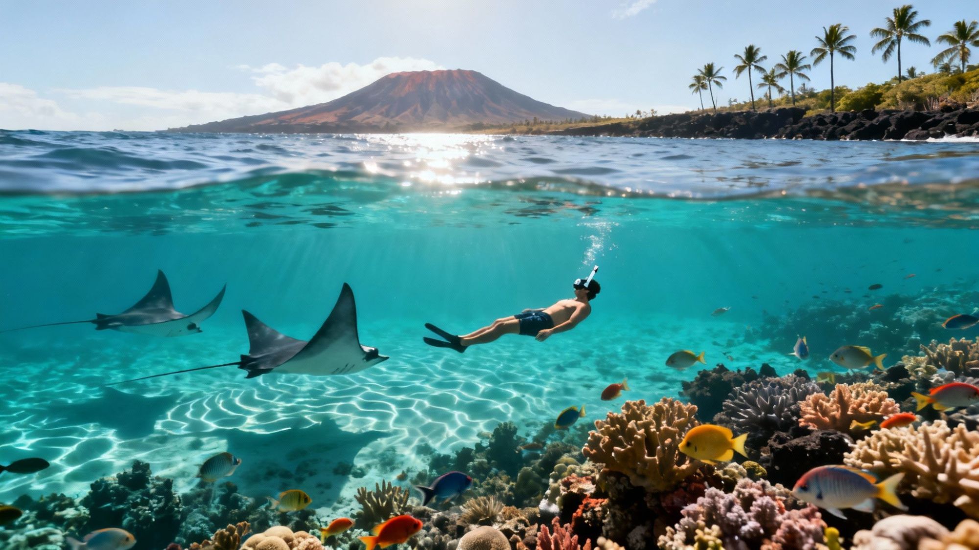 Snorkeler swimming above coral reef with stingrays, fish, and volcanic island in background.