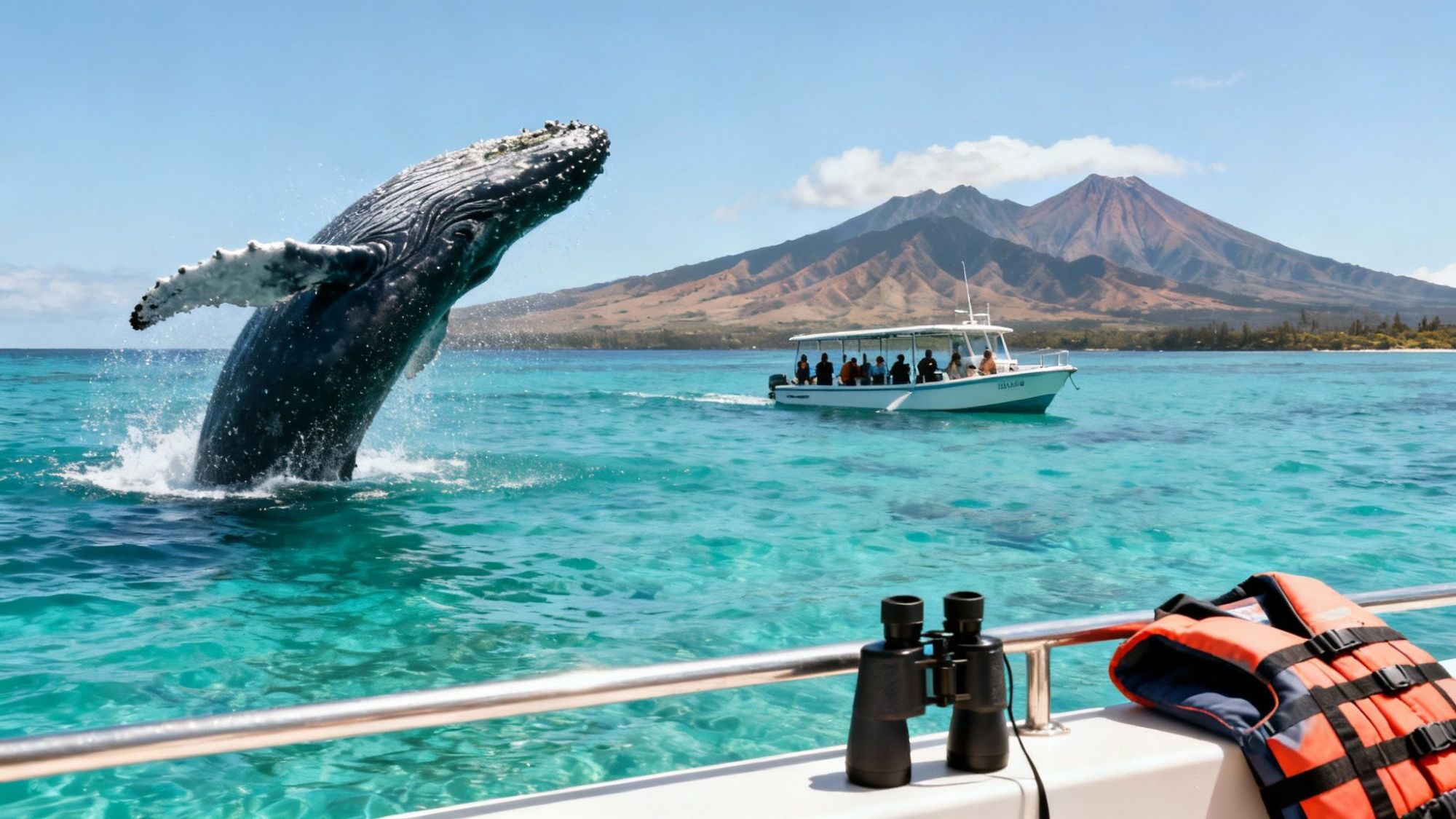 Whale breaching near a boat in clear sea, with mountains in the background and a life vest on a boat railing.
