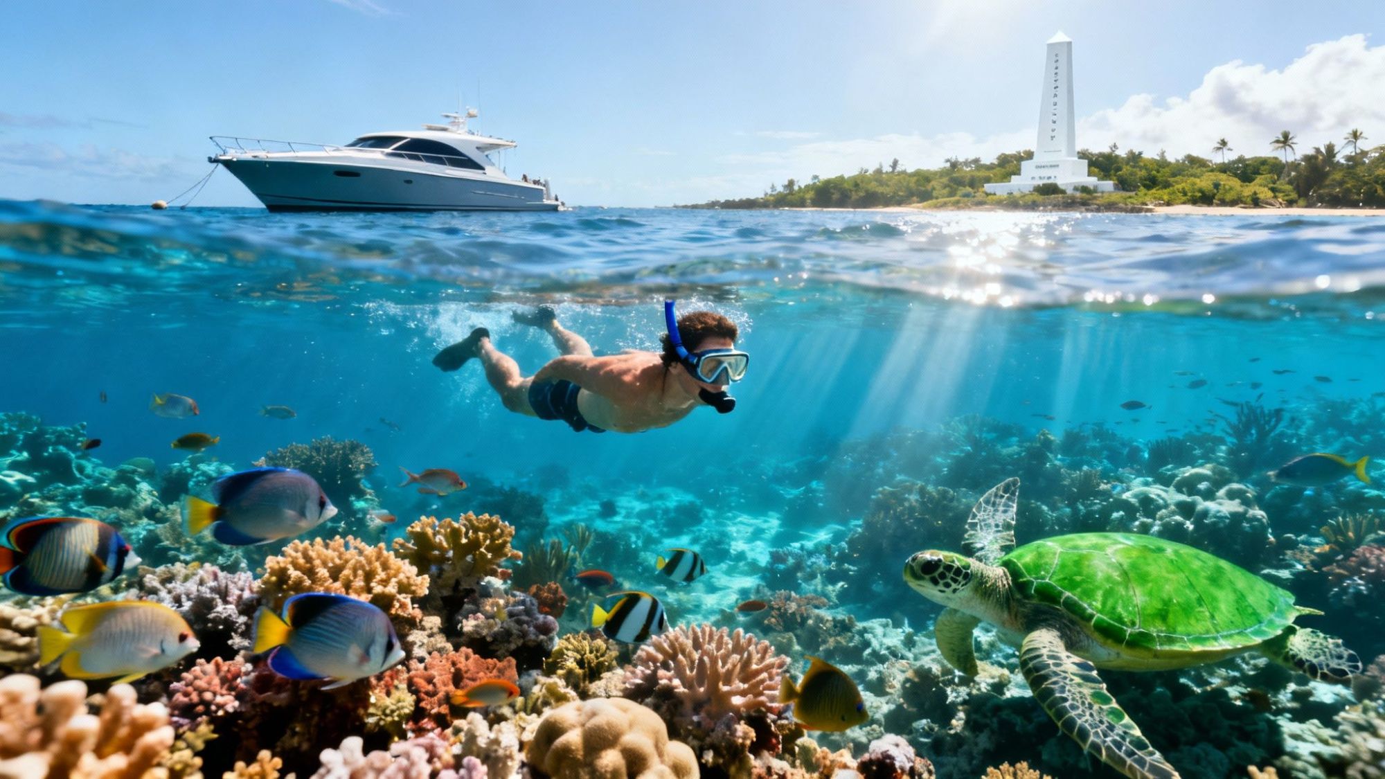 Snorkeler swims above colorful coral reef with fish and turtle, yacht and monument in background.