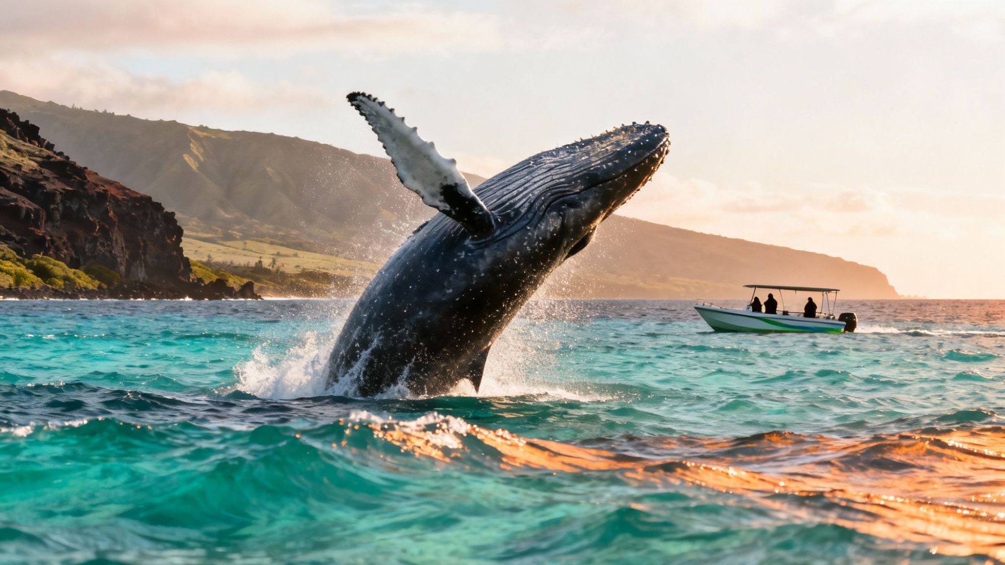 Humpback whale breaching near a small boat with people, against a coastal landscape backdrop.