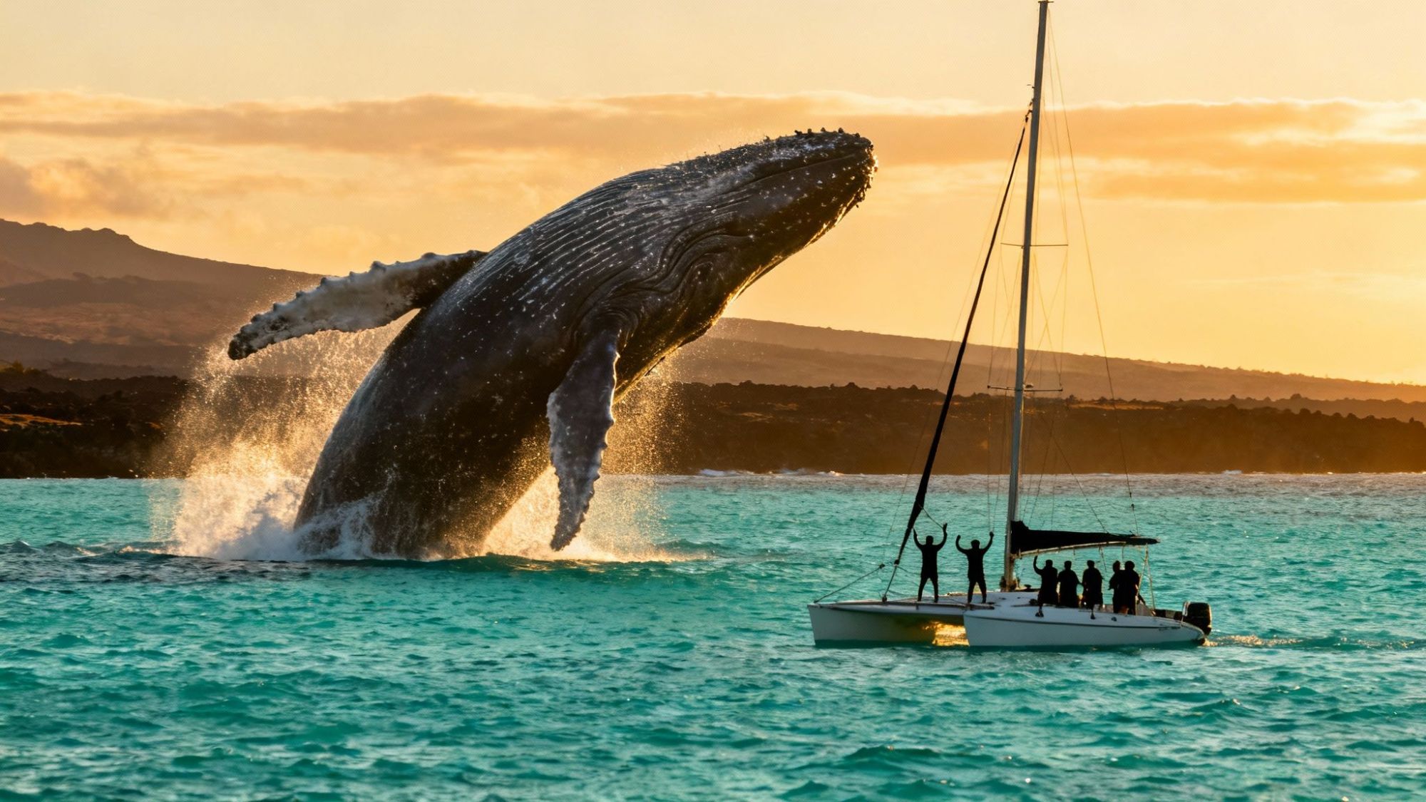Whale breaching near sailboat with people, at sunset over ocean.