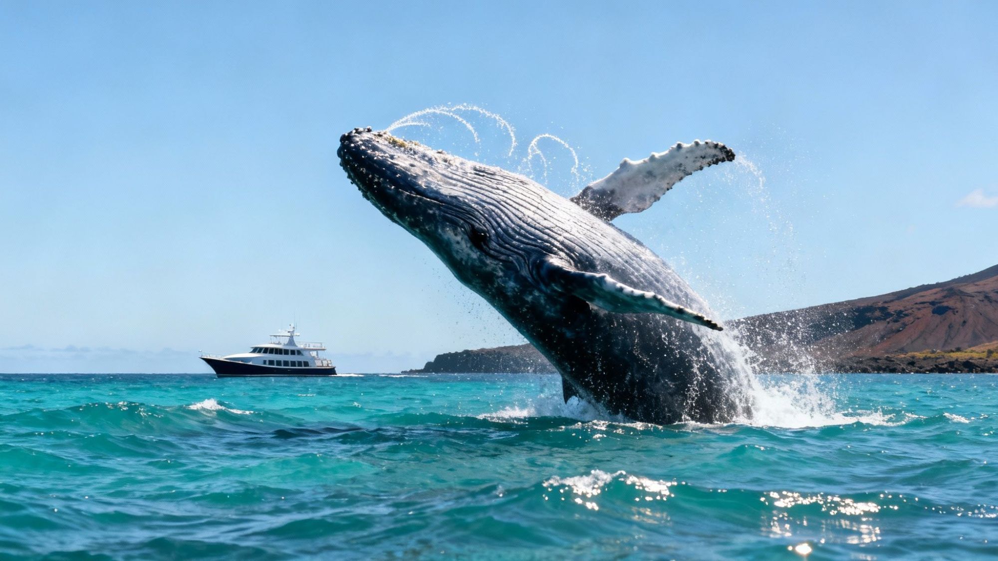 A humpback whale breaching near a boat on blue ocean waters against a clear sky.