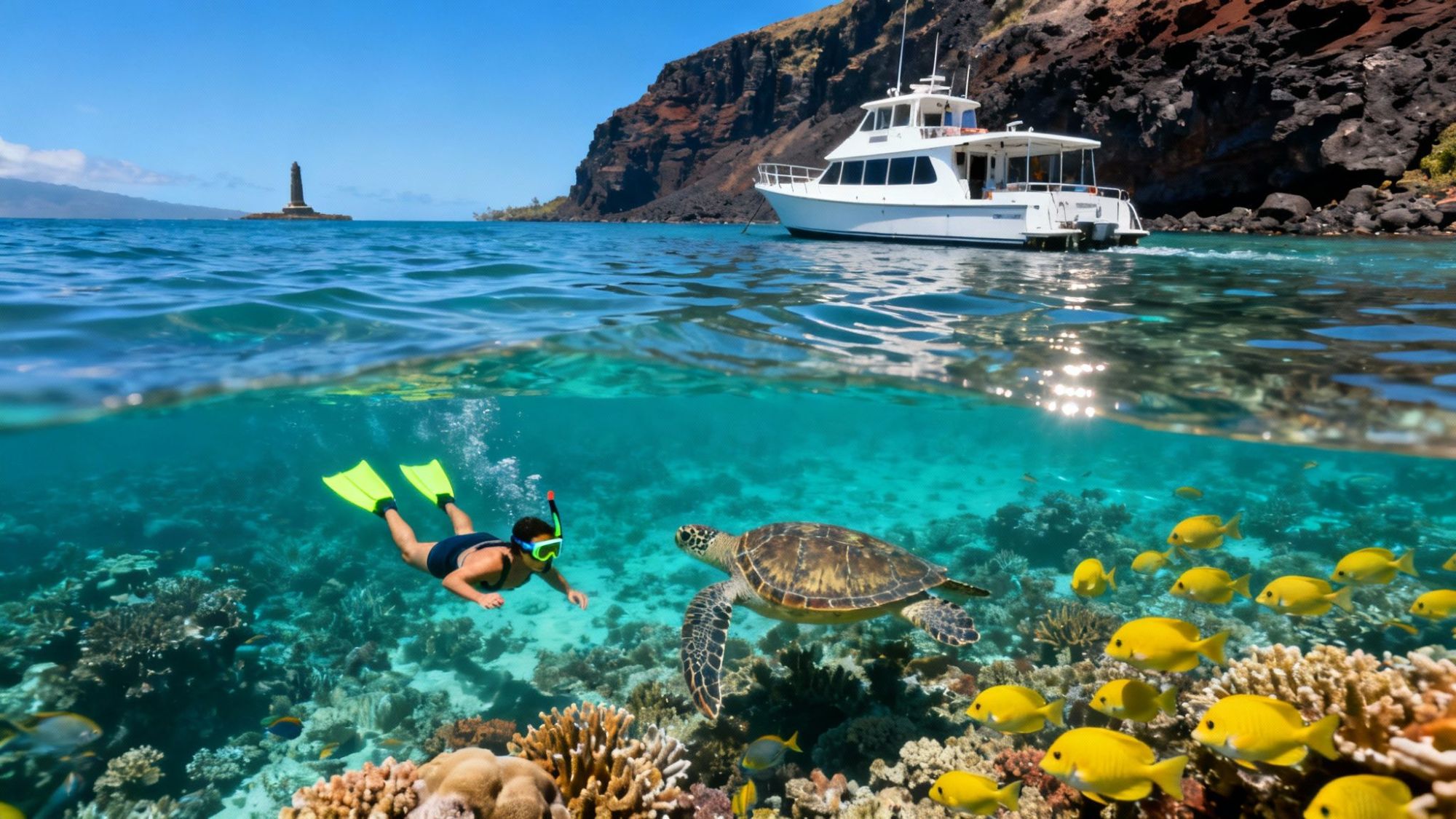 Snorkeler and sea turtle underwater with yellow fish, boat and rocky coast above water.