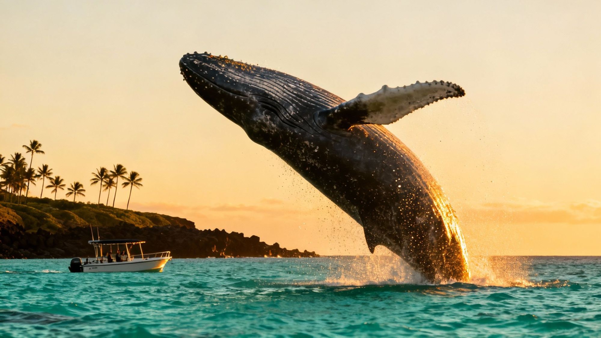 Humpback whale breaching near boat, palm trees, and sunset in the background.
