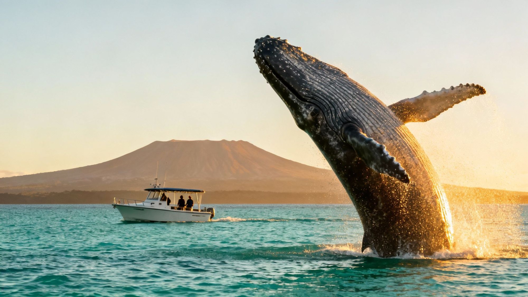 A whale breaches near a boat with people onboard, set against a mountain and bright sunset.