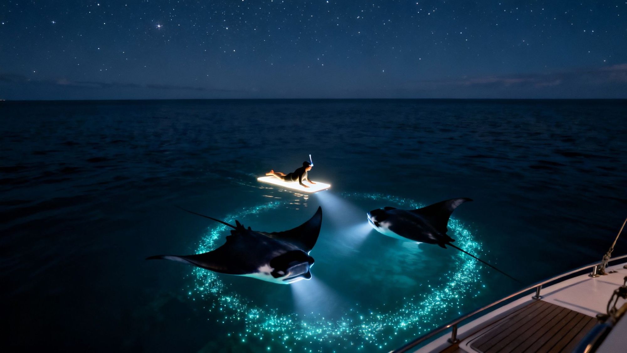 Person paddleboarding at night near manta rays glowing with bioluminescence under a starry sky.