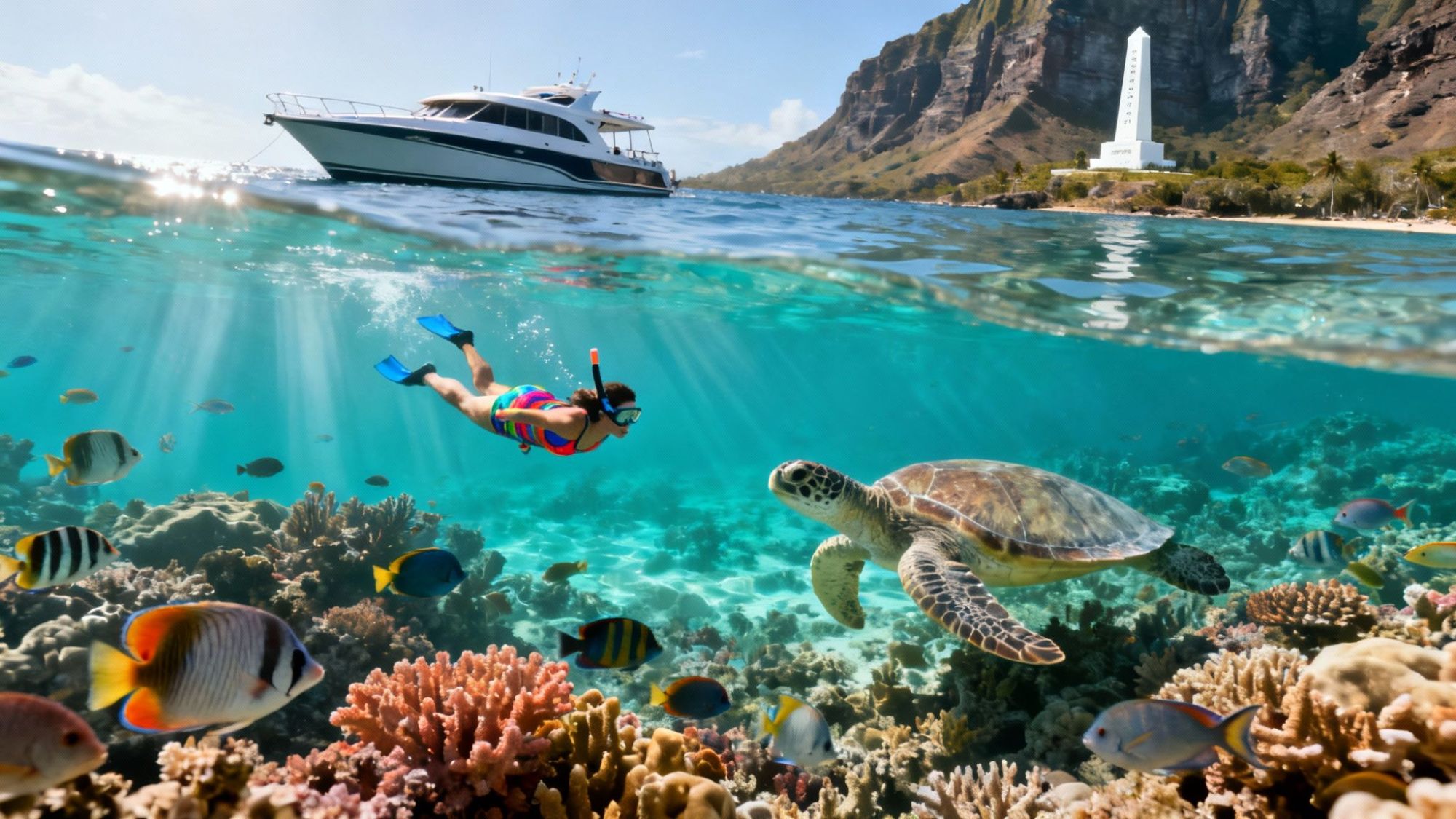 Snorkeler swims near coral reef with fish and turtle below a boat in clear water with mountains and a monument.