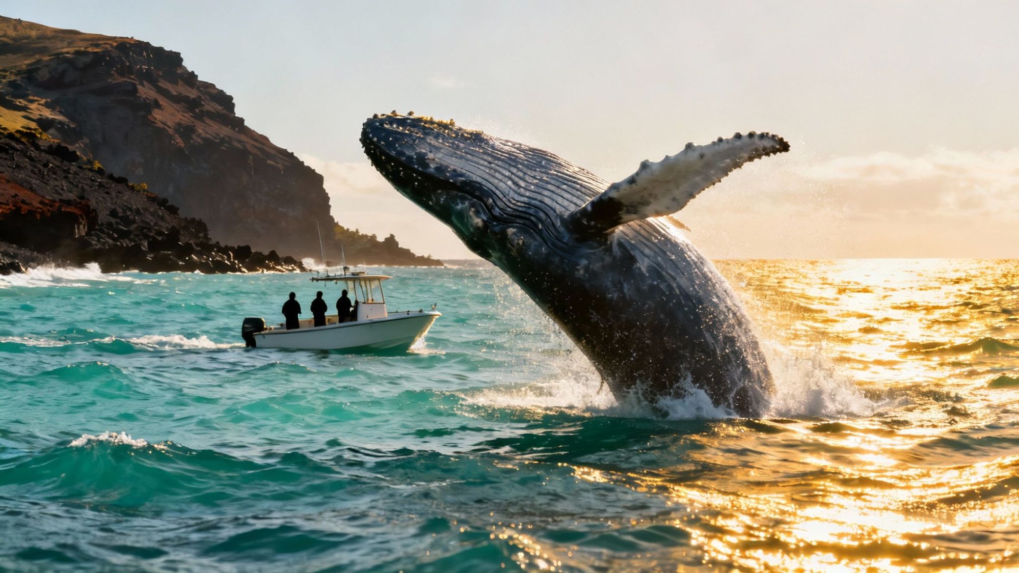Humpback whale breaching near a small boat with people, rocky coastline in background, sunlit sea.