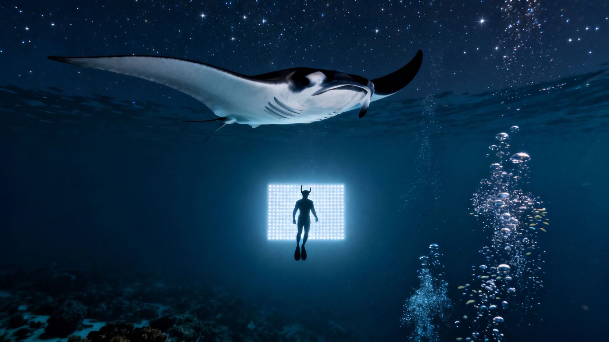 Underwater diver beneath a manta ray with bubbles and backlit by a rectangular light panel.