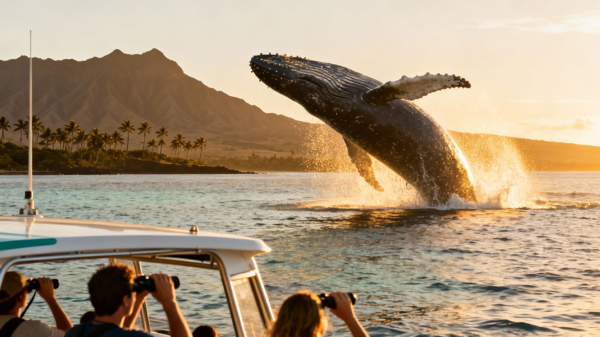 Whale breaching near boat with people using binoculars, mountains and sunset in background.