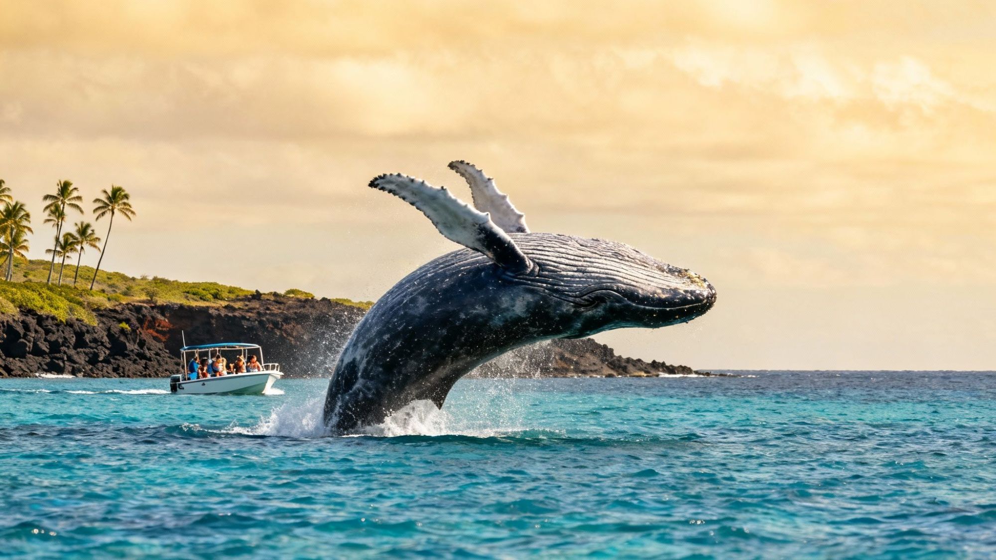 Whale breaching out of water near a boat with people, palm trees and shoreline in background.