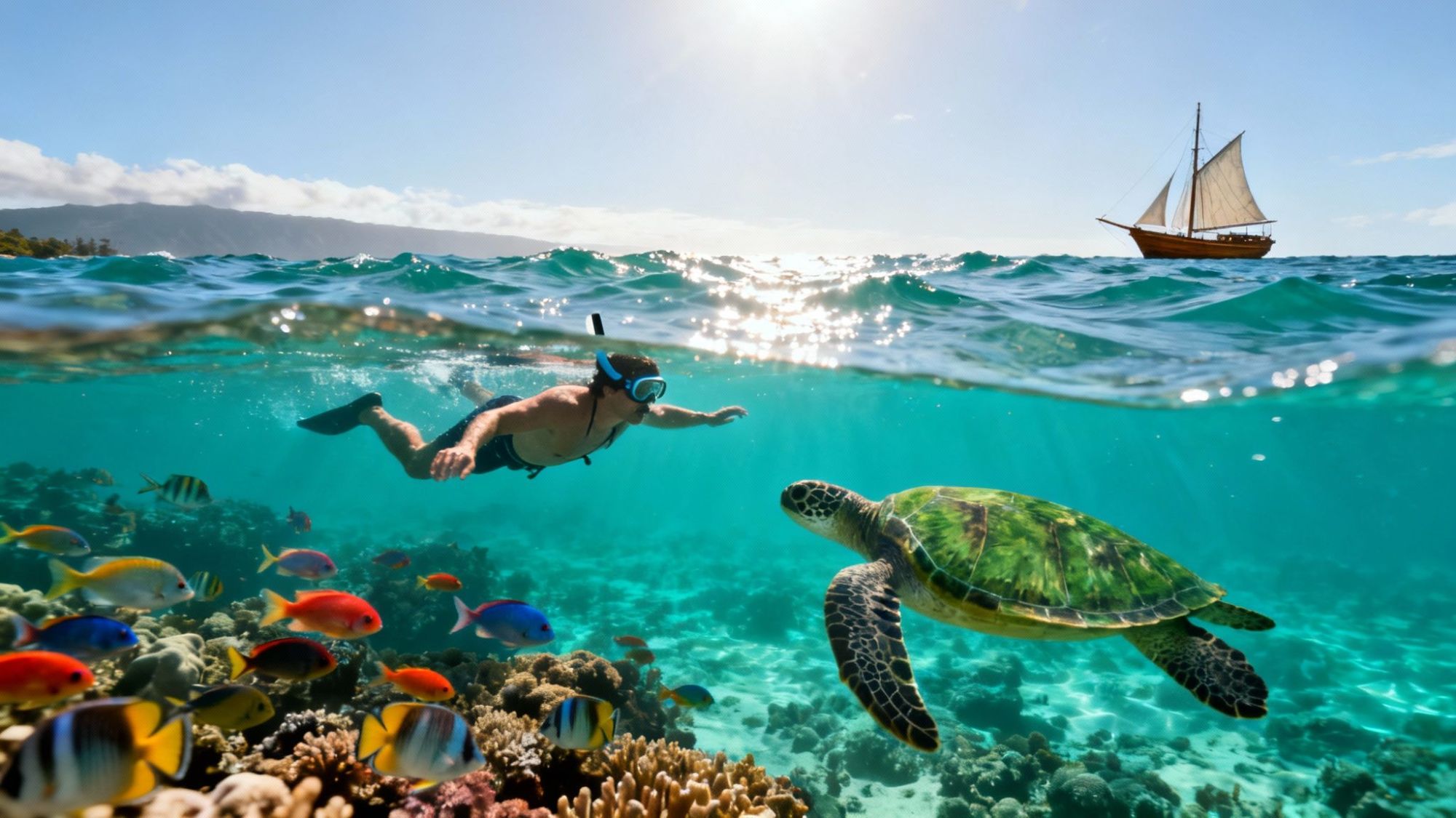 Snorkeler swims with sea turtle and colorful fish in clear ocean, sailboat in background.