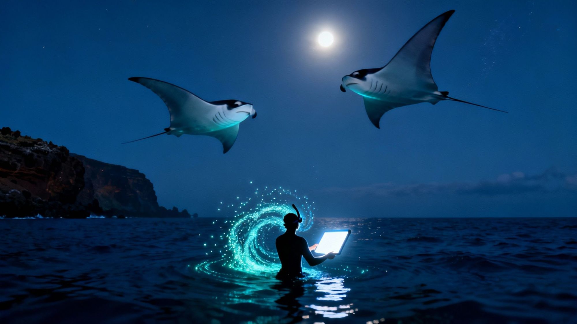 Silhouette of a person in the ocean with a laptop, two manta rays, and moonlit sky.