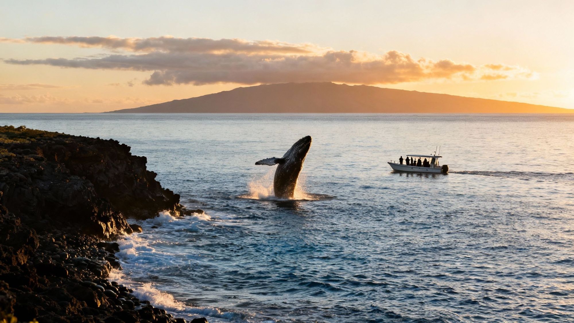 Whale breaching near rocky shore with boat and island in background during sunset.