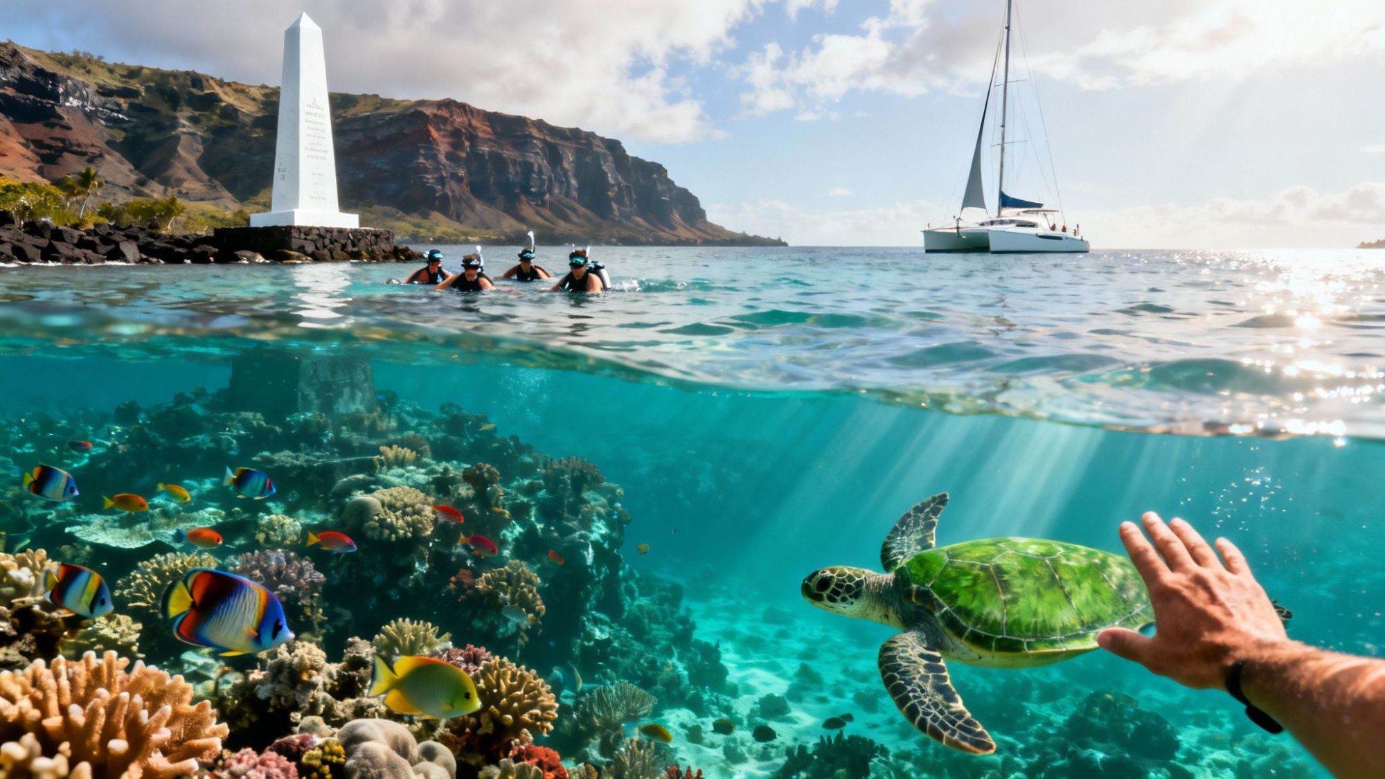 Underwater view with sea turtle, fish, coral reef; above, snorkelers, boat, monument, and coastal cliffs.