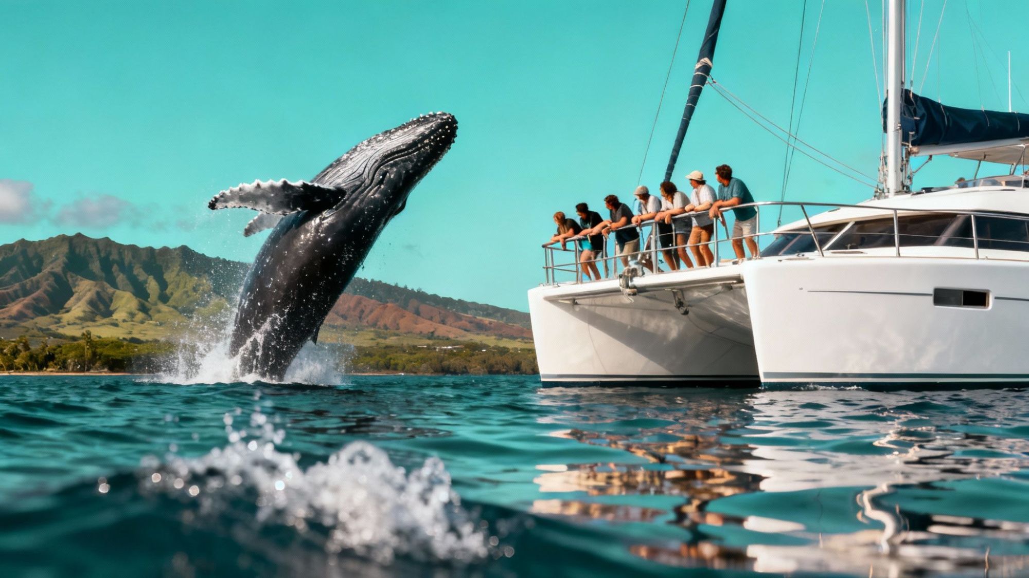Whale breaching near a sailboat with people watching in the ocean.