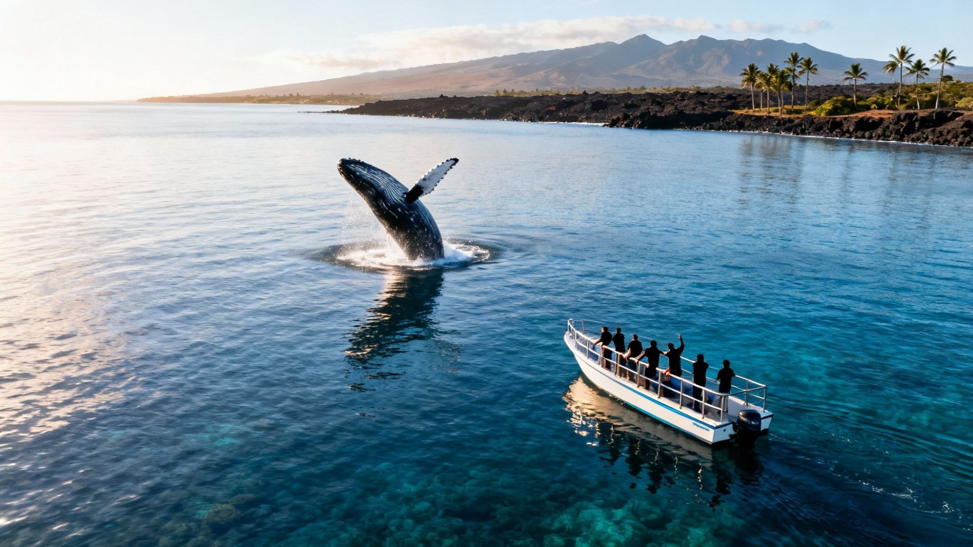 Whale breaching near a boat with people on a calm ocean, mountains and palm trees in the background.