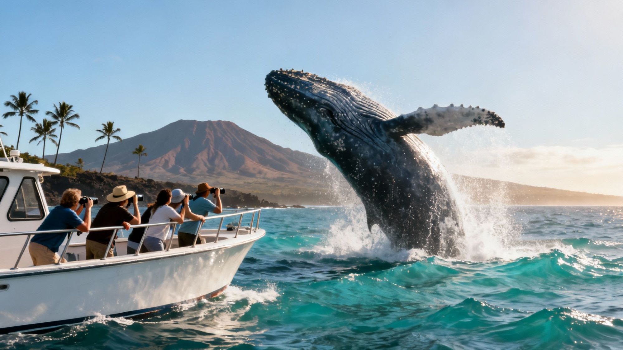 A whale breaching near a boat with people taking photos, in front of a mountainous island.