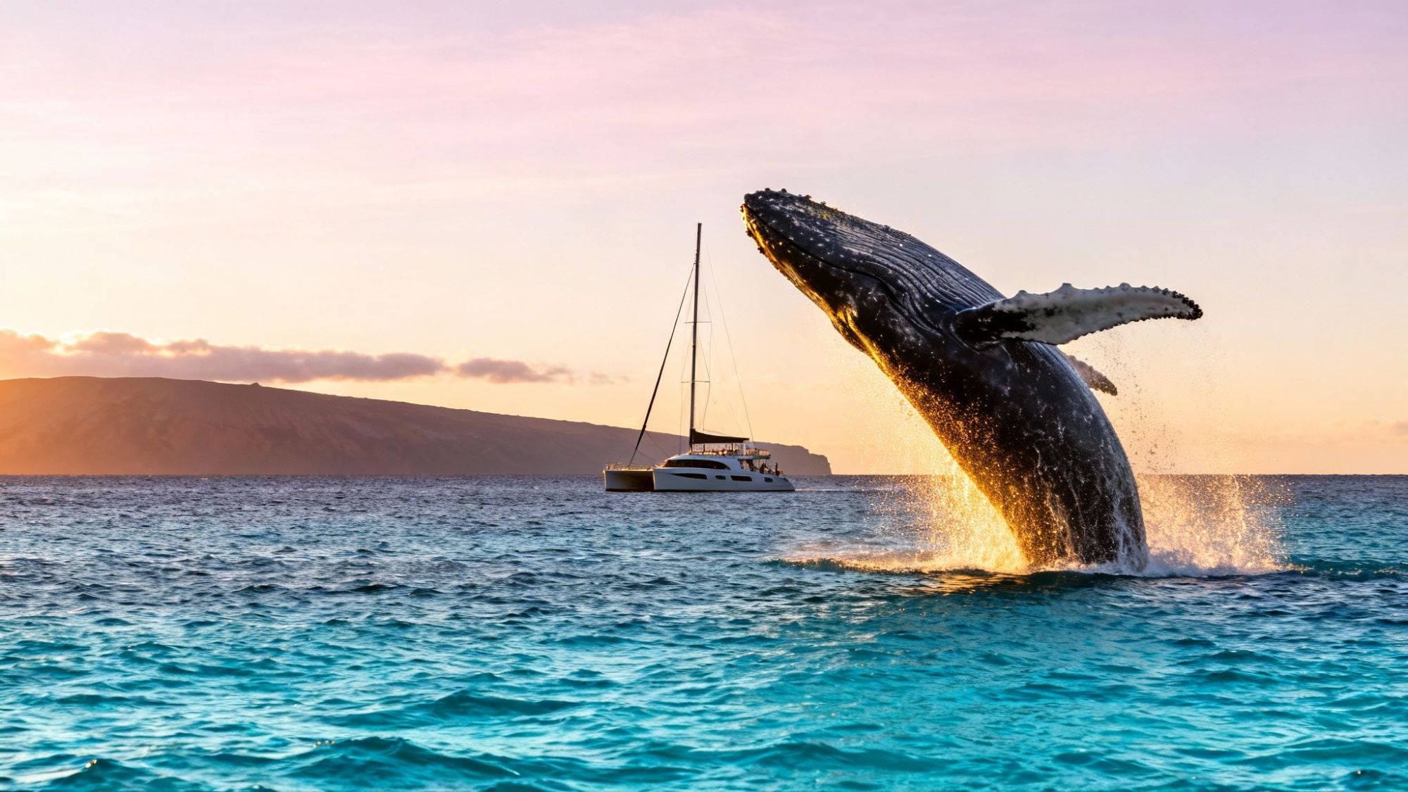 Whale breaching near a sailboat in the ocean at sunset.